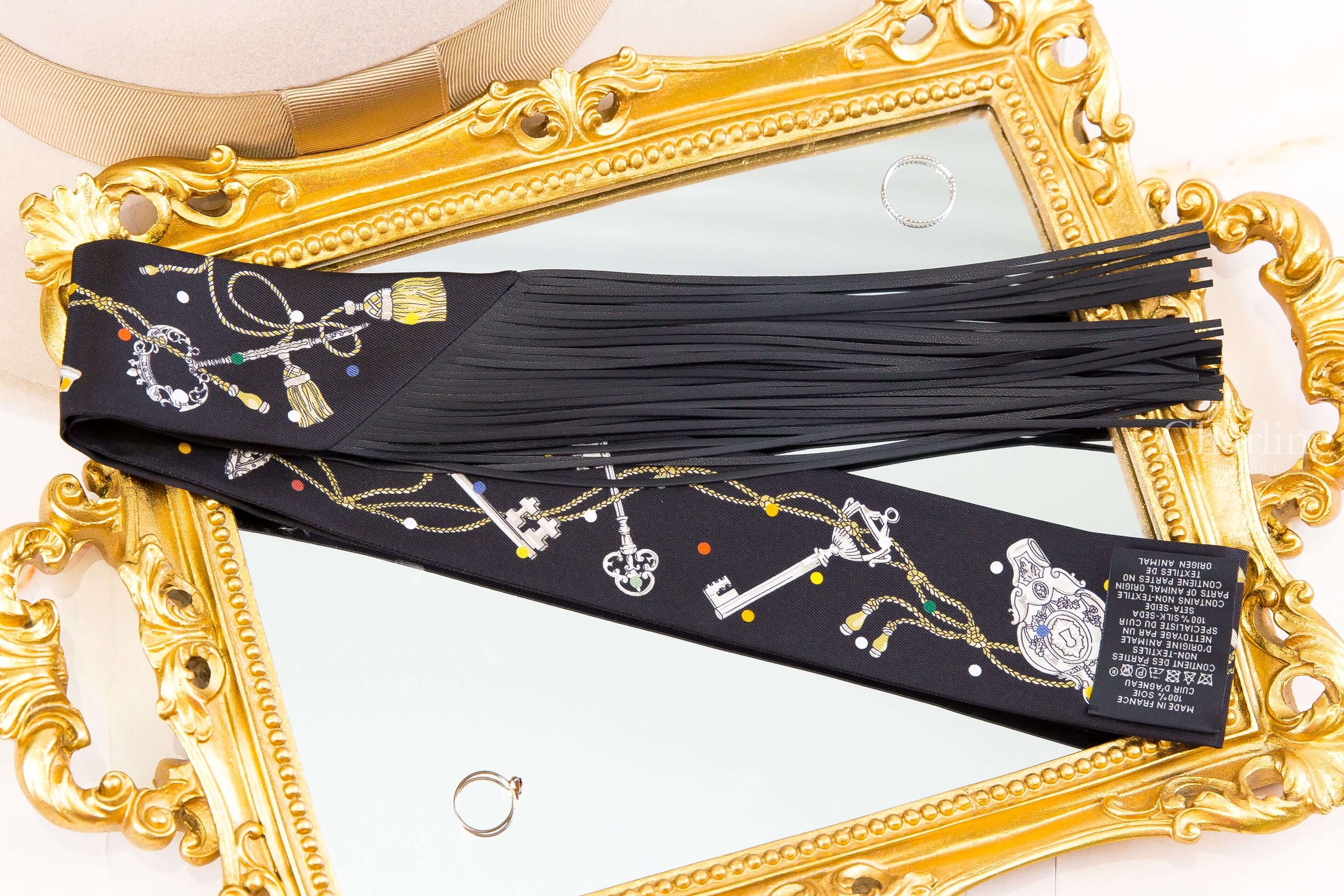 Hermès Les Cles A Pois Leather Fringes Twilly 黑色/古銅色/白色圓點鑰匙皮革流蘇絲巾-Charline Boutique 精品代購