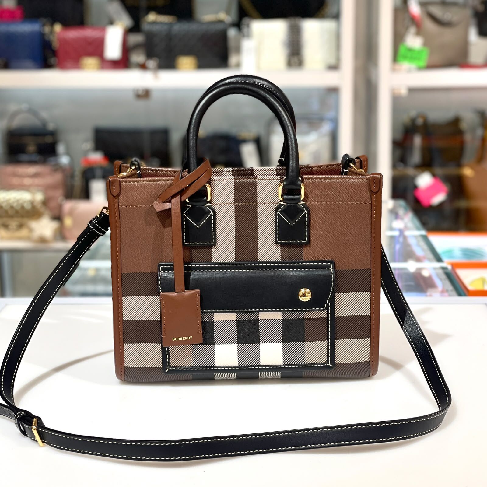 98%NEW二手BURBERRY Check And Leather Mini Freya Tote Bag  經典格紋帆布拼牛皮 #香榭站正品