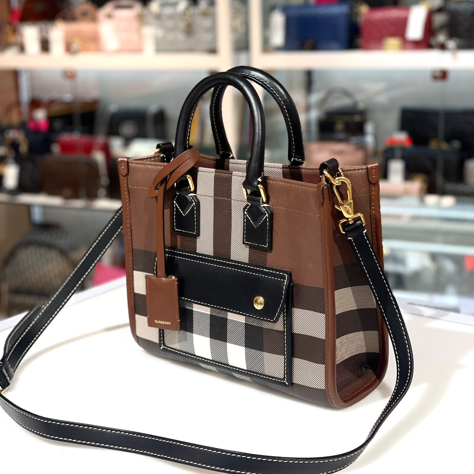98%NEW二手BURBERRY Check And Leather Mini Freya Tote Bag  經典格紋帆布拼牛皮 #香榭站正品