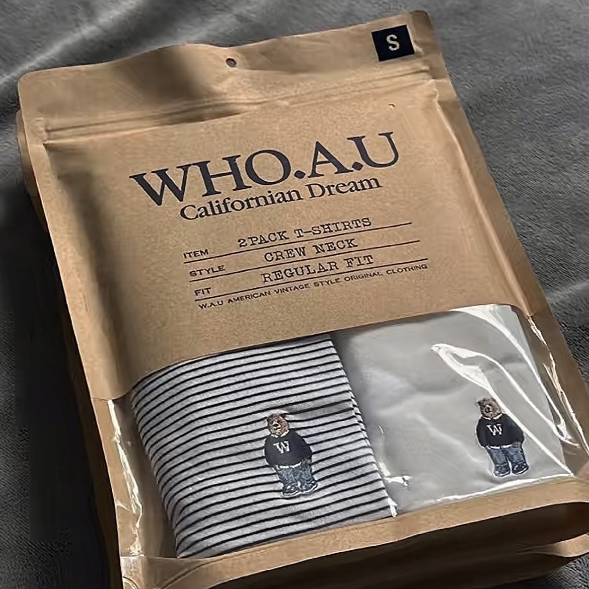 韓國 WHO.A.U Steve小熊細條紋純棉短T（二入組）