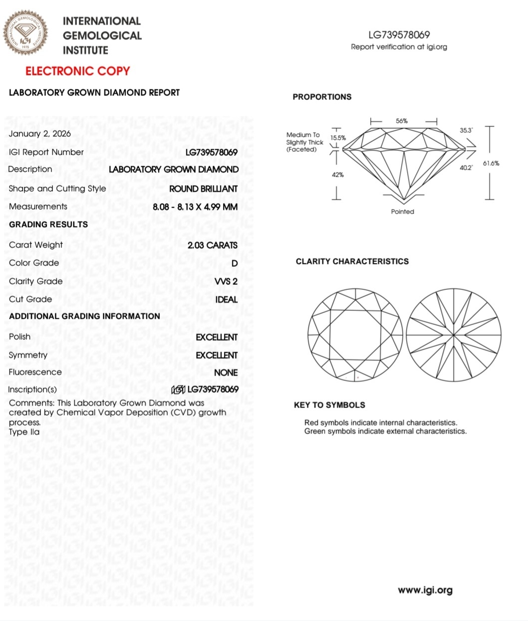 2.03 D VVS2 IDEAL 2EX NON IGI LAB GROWN DIAMOND