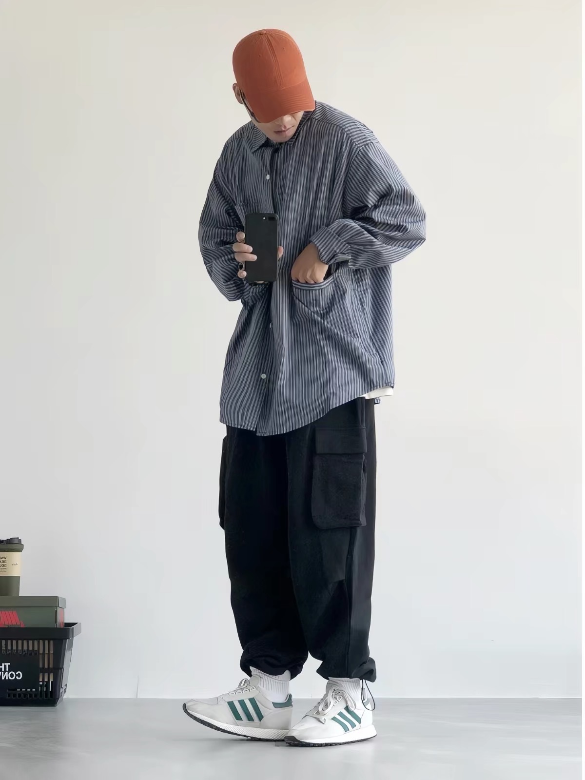 美式復古隱形拉鍊雙口袋不對稱條紋長袖襯衫