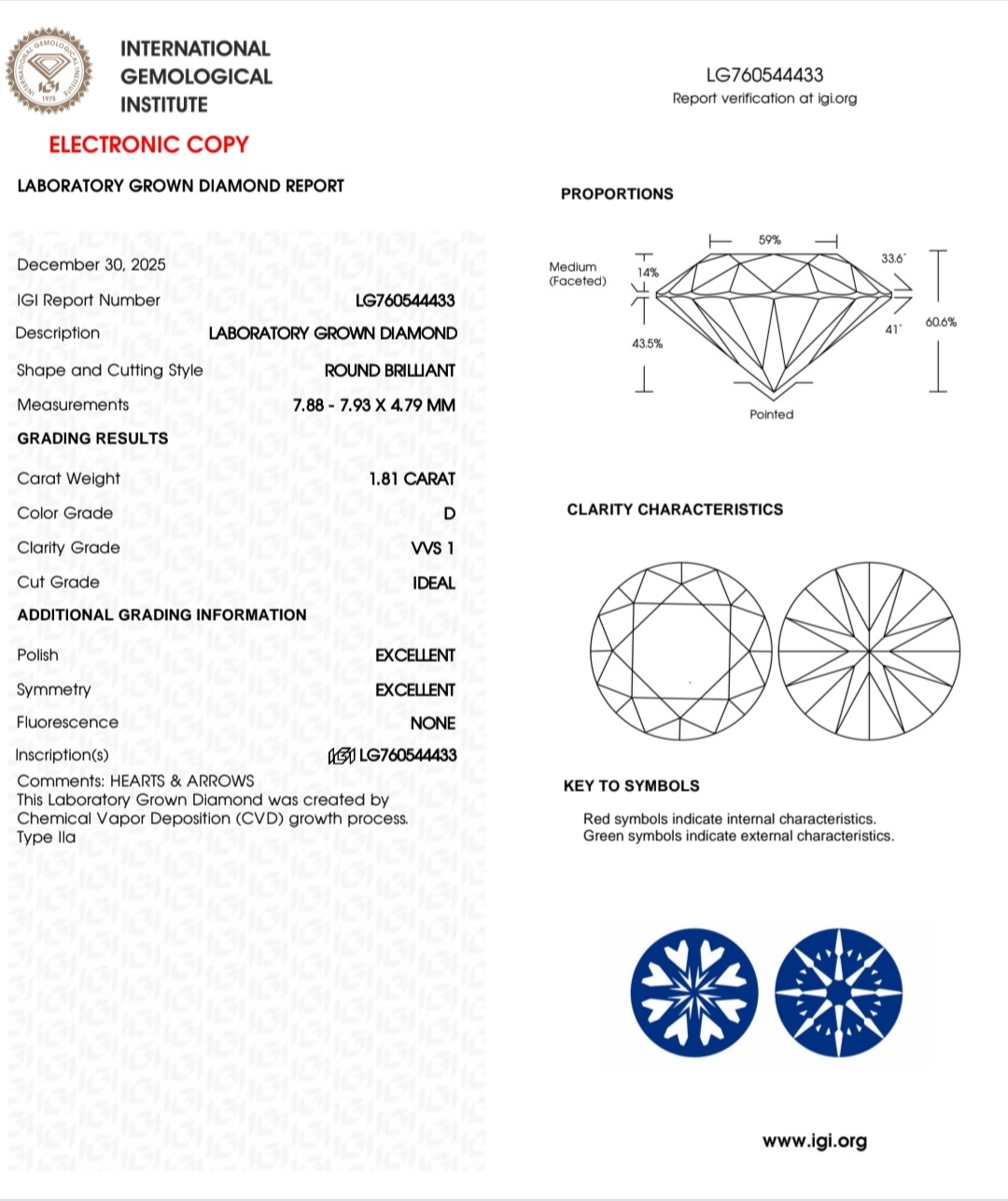 1.81 D VVS1 IDEAL 2EX NON IGI LAB GROWN DIAMOND