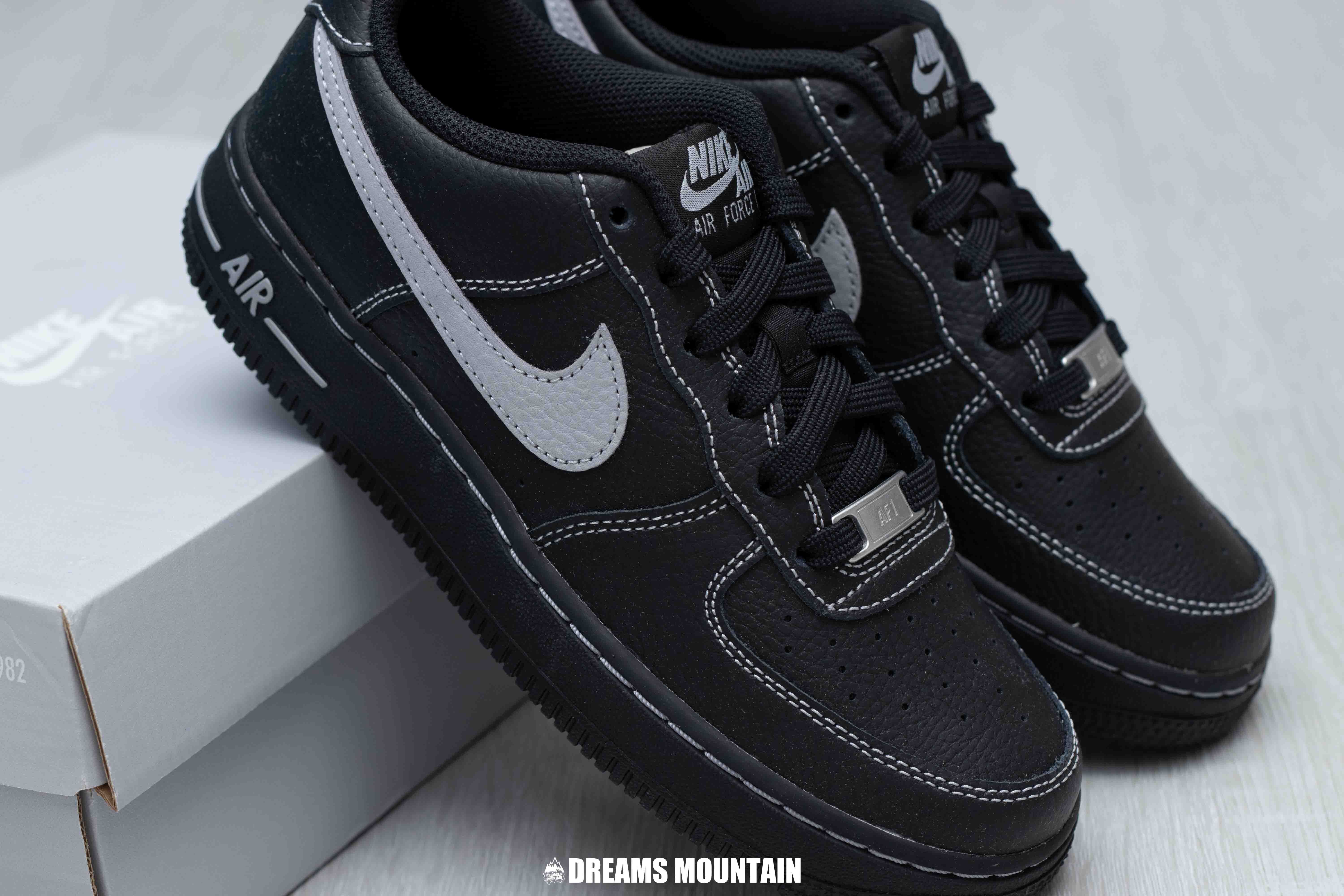 【預訂】NIKE AIR FORCE 1 全黑荔枝紋明線灰-GS