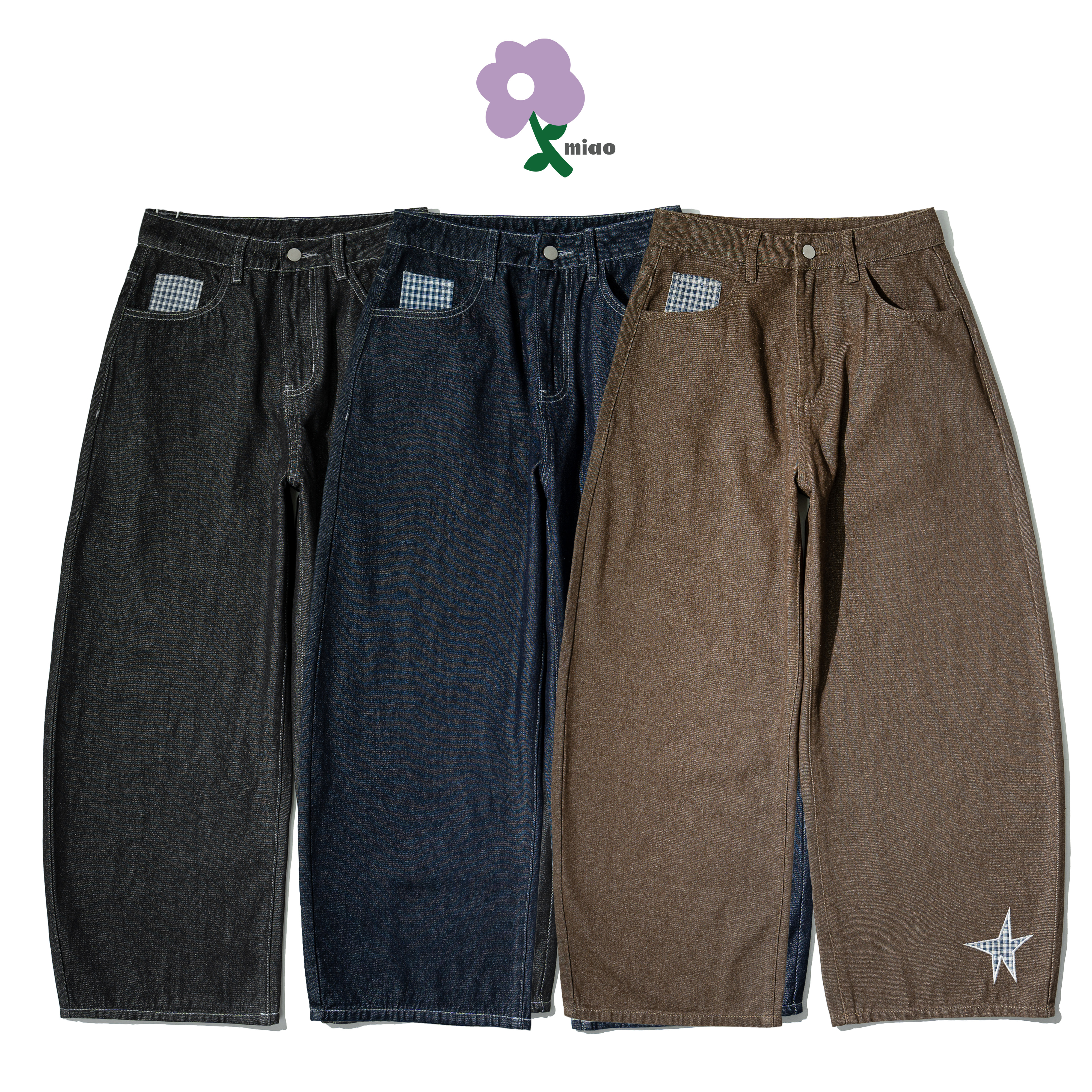 MIAO Star Plaid Curved Jeans 星星格紋 彎刀 牛仔長褲 [M-J8L]