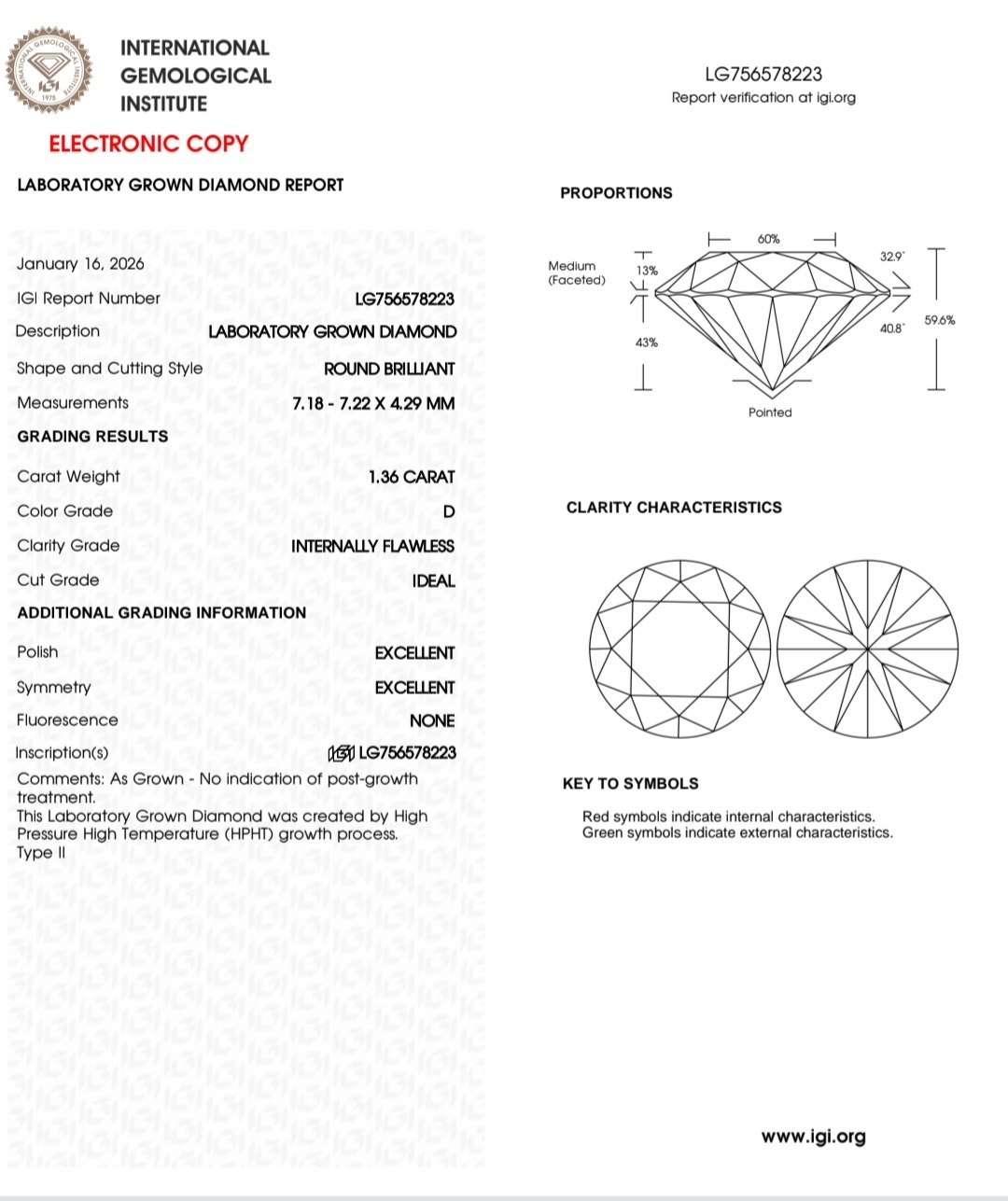 1.36 D IF IDEAL 2EX NON IGI LAB GROWN DIAMOND