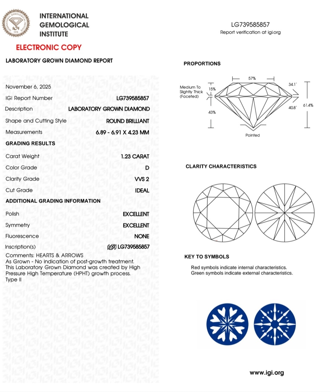 1.23 D VVS2 IDEAL 2EX NON IGI LAB GROWN DIAMOND