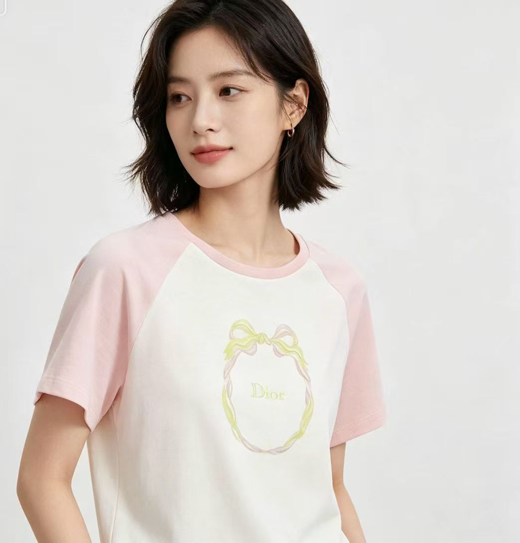 Dior kids 粉併白 刺繡Logo Tee