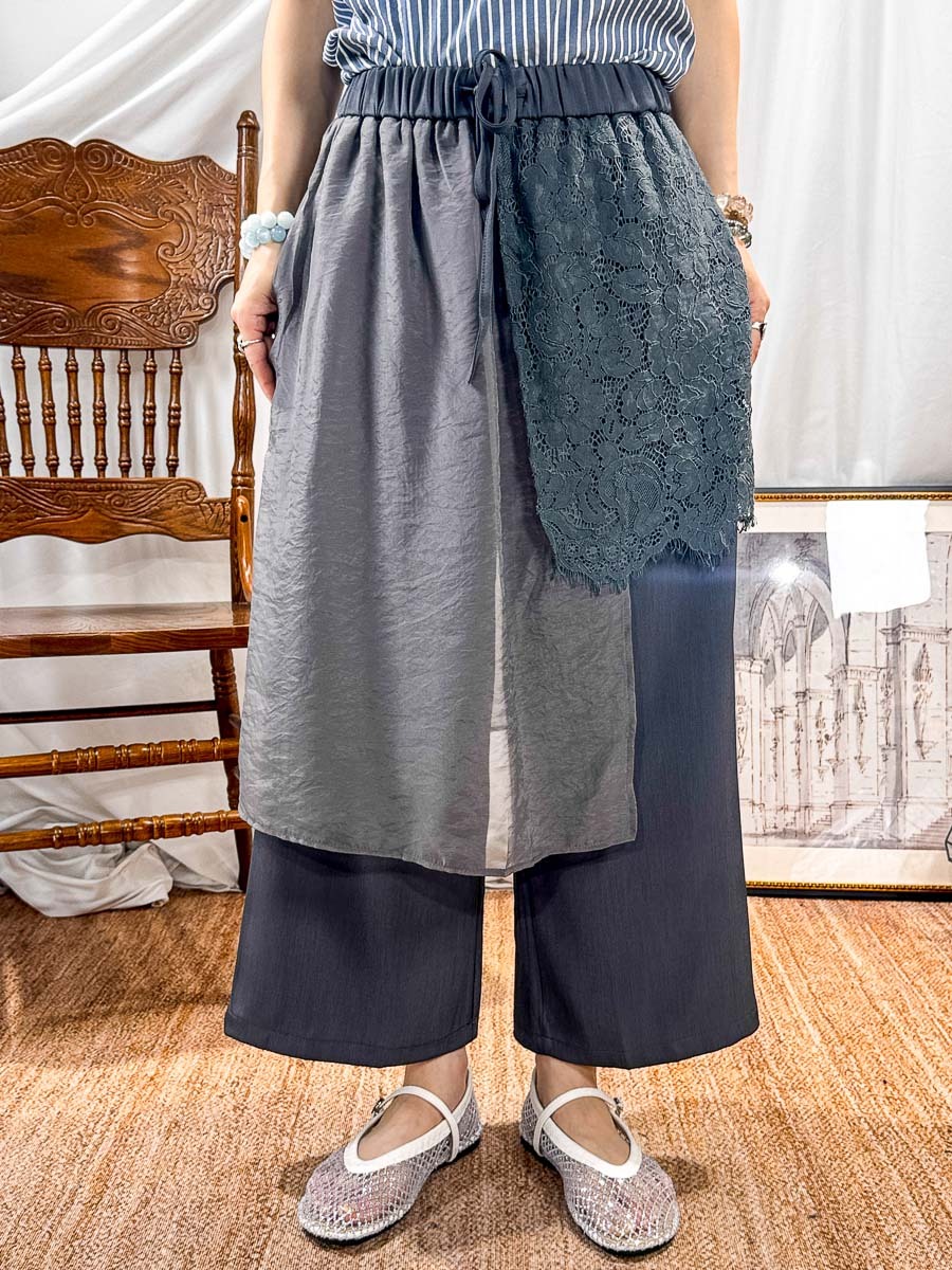 【SUMMER SALE】橡根腰束繩.DOUBLE LAYER LACE拼網紗.滑滑料裙褲 (有袋【不設退換