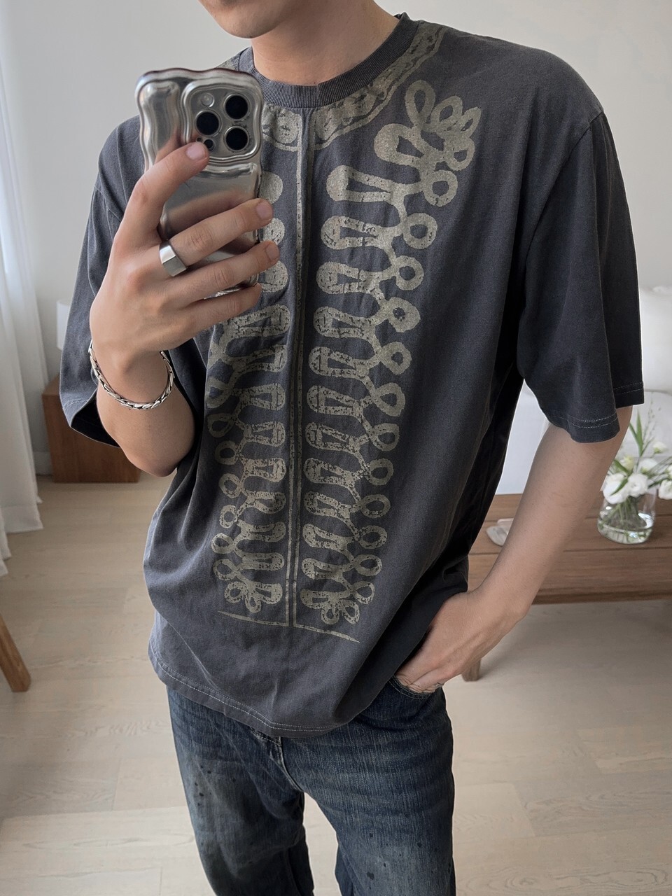 Napoleon pig print washed short-sleeved T-shirt