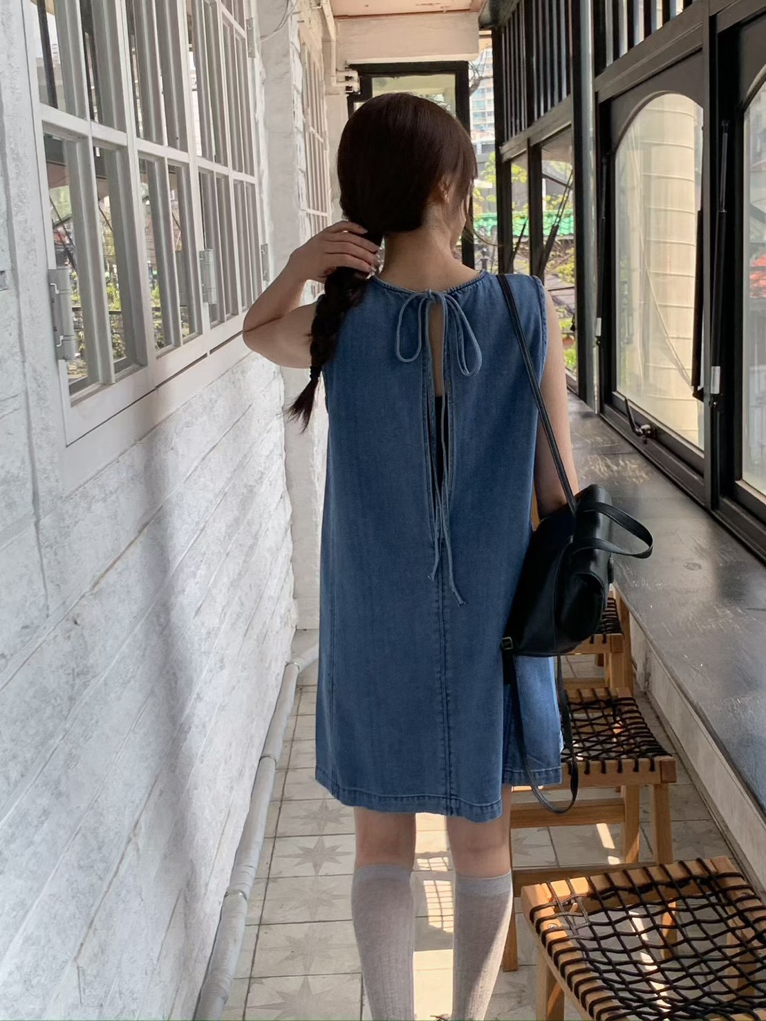 無袖背綁牛仔洋裝