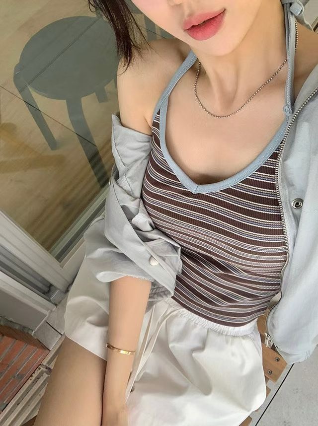 滾邊綁脖條紋背心