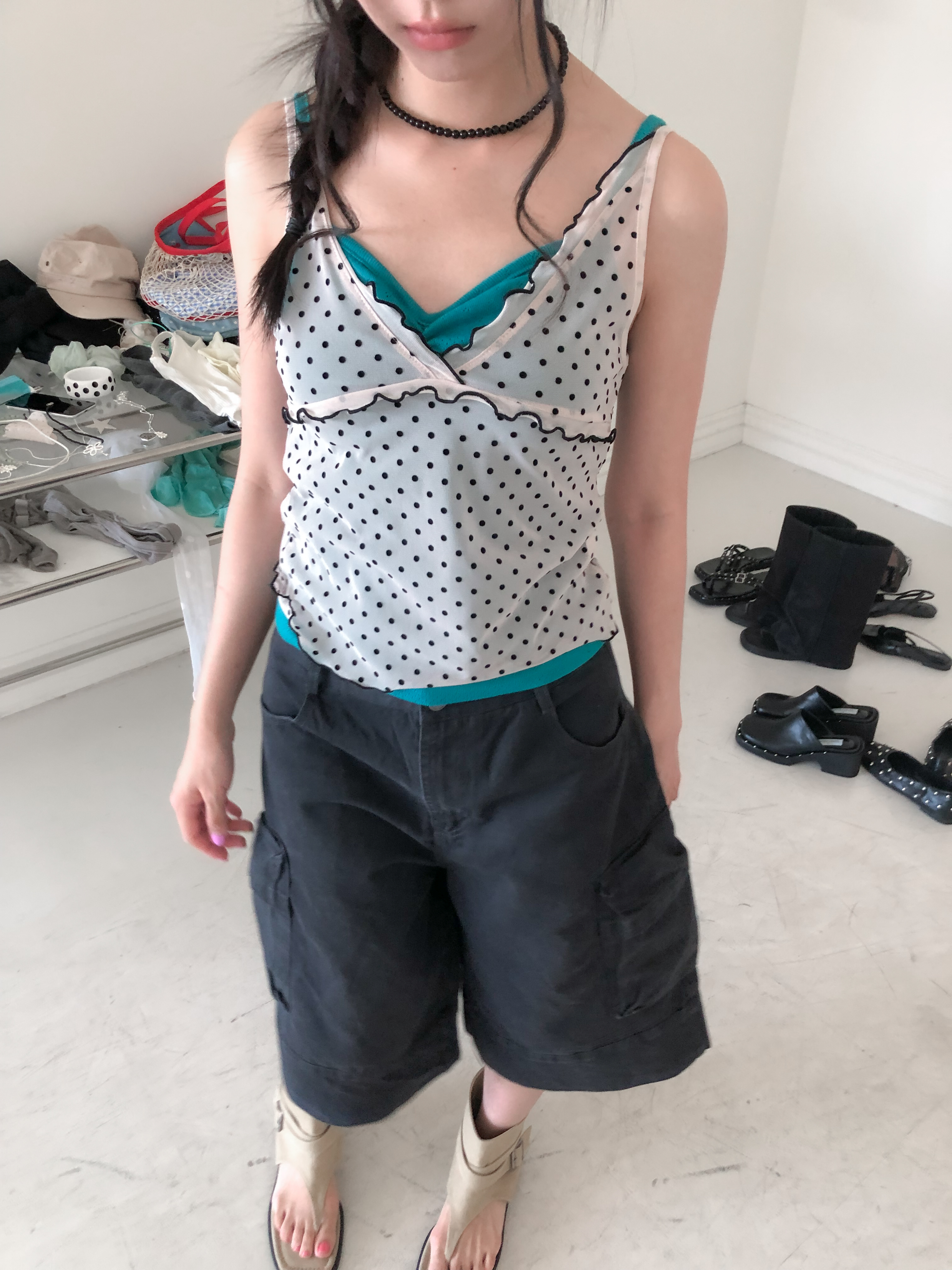 sheer dot sleeveless top #背心