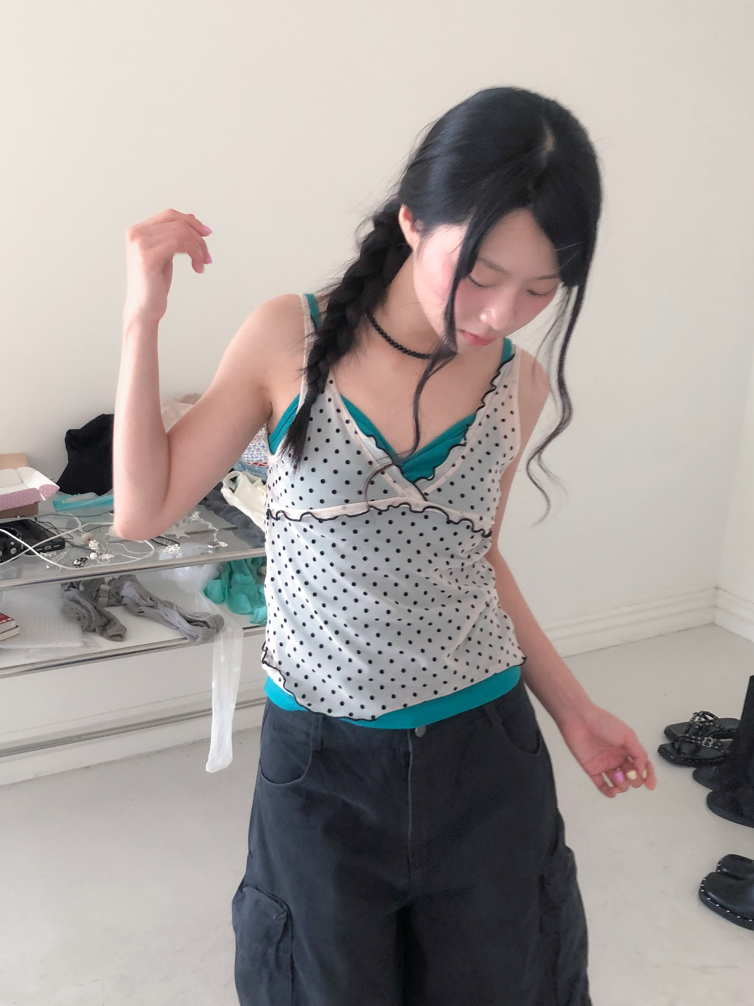 sheer dot sleeveless top #背心