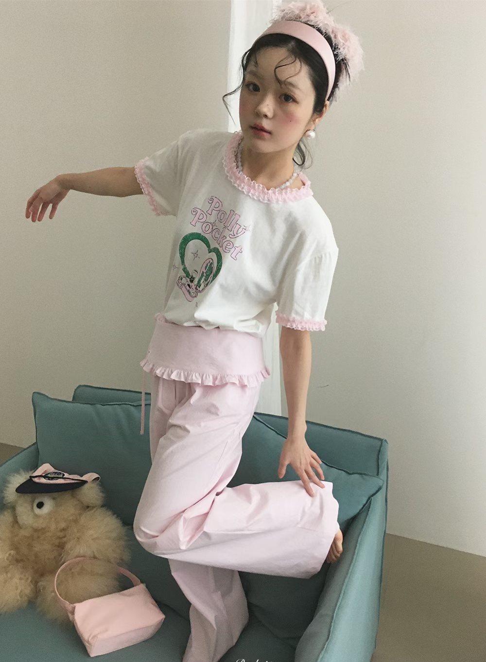 寬荷葉綁腰帶格子長褲