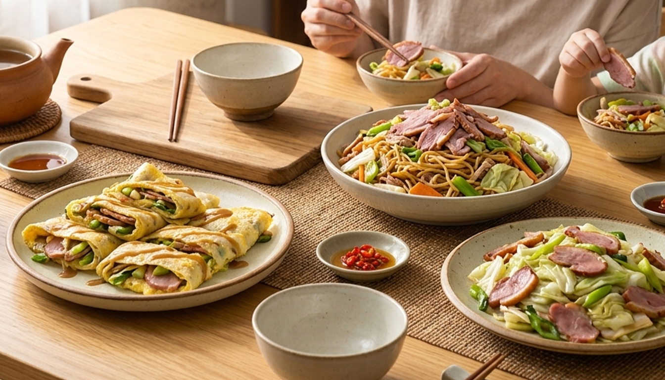 協發行泡菜開燻蒜苗鴨搭配蛋餅、高麗菜、炒麵料理推薦