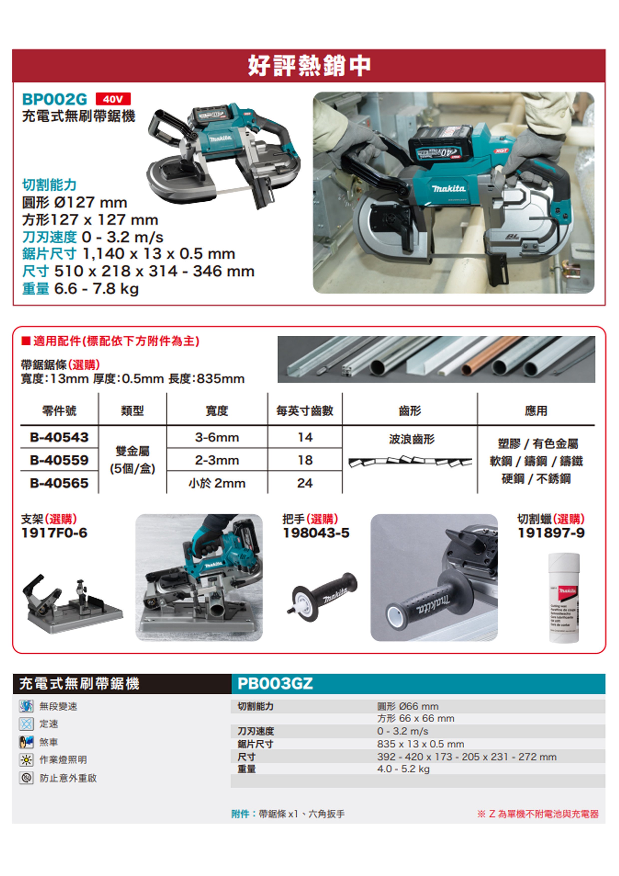 ＊中崙五金【附發票】牧田 40V無刷可調速帶鋸機 PB003GZ (單機) 切割能力66mm 手提式帶鋸機 PB003