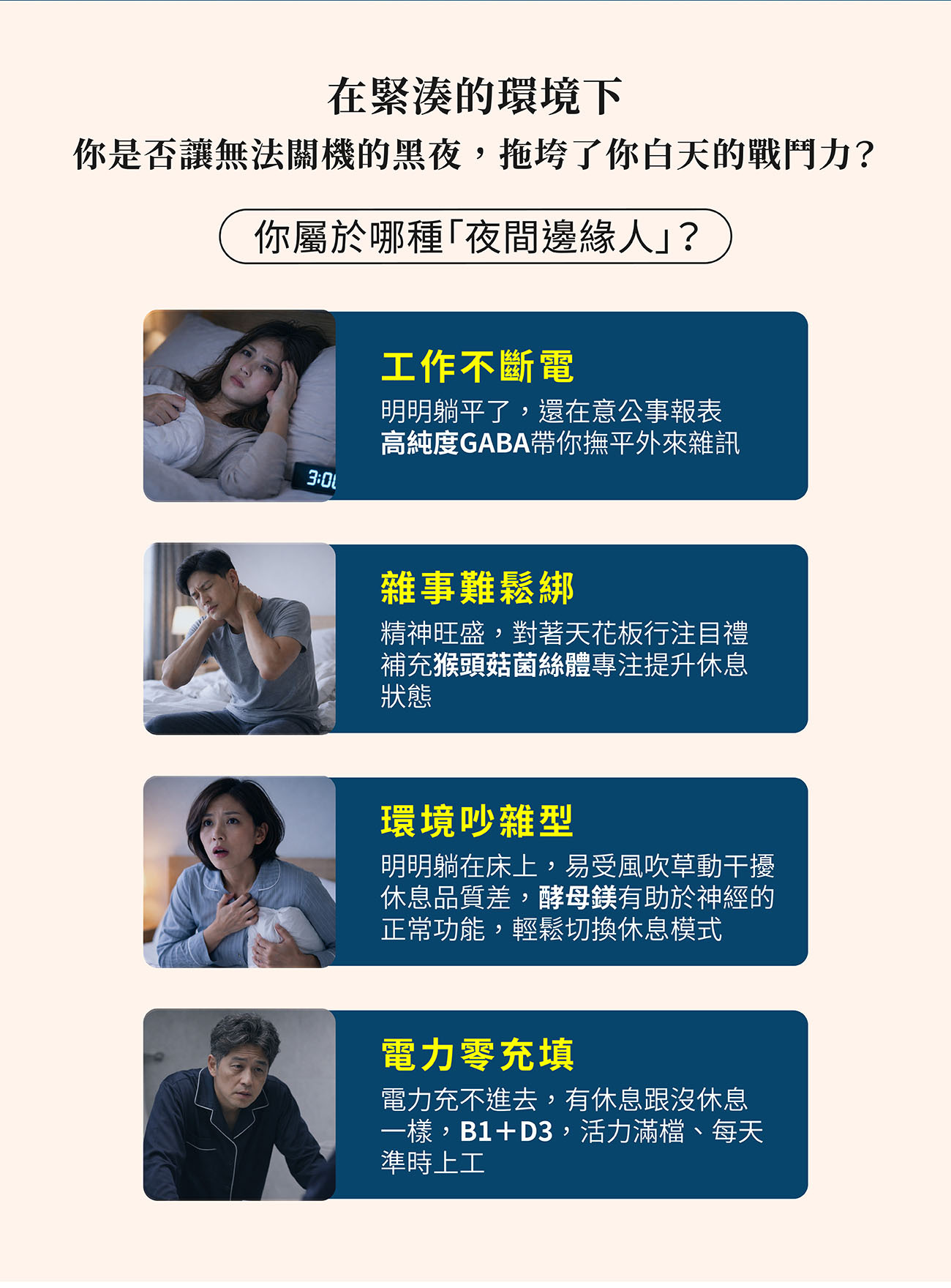 乙禾生醫分析「夜間邊緣人」睡眠痛點:工作不斷電、雜事難鬆綁、環境吵雜型、電力零充填。使用「一暝到天光」找回休息節奏。