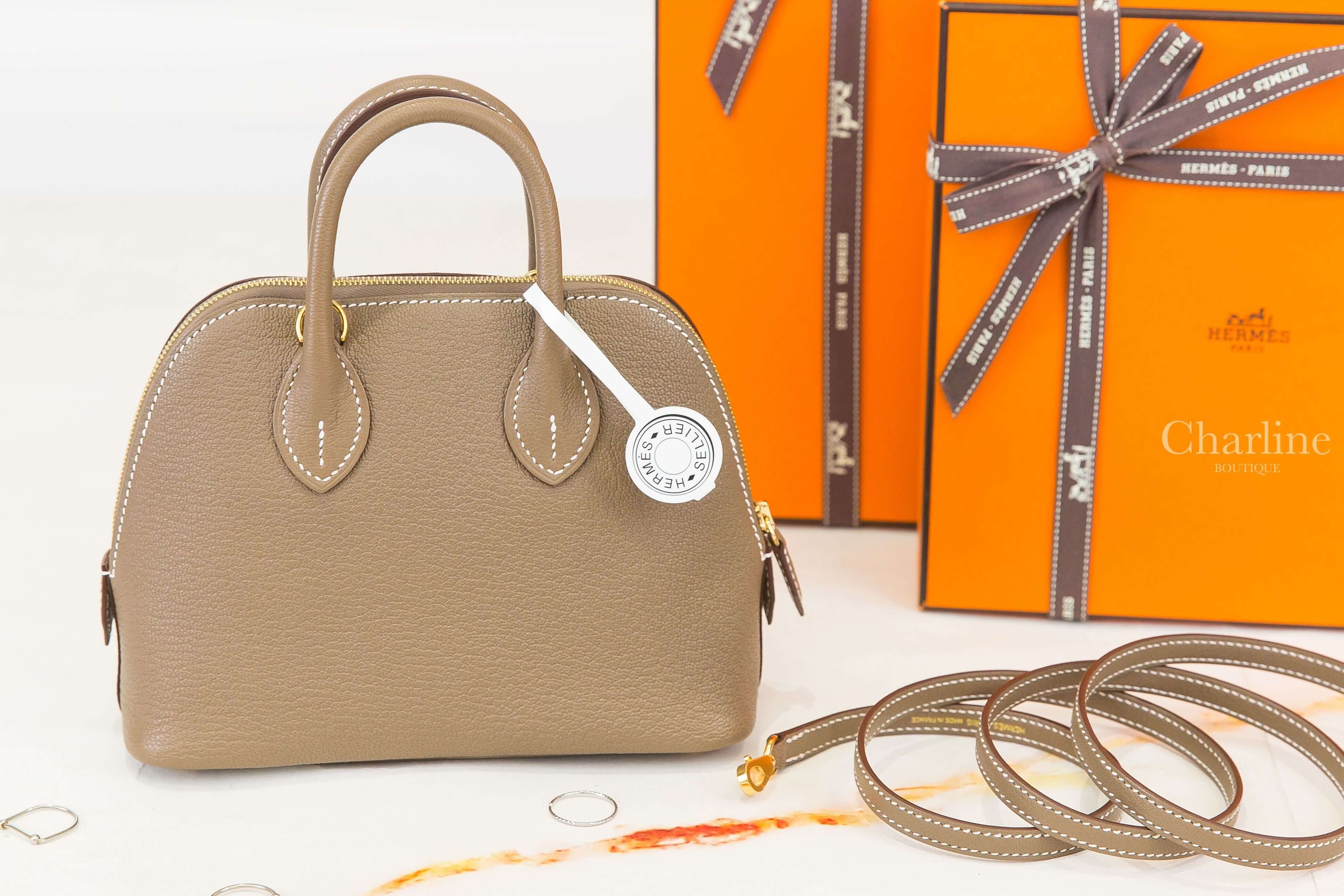 Hermès Bolide 1923 Mini 18 Etoupe Chevre Mysore 大象灰金釦迷你手提肩背包-Charline Boutique 精品代購