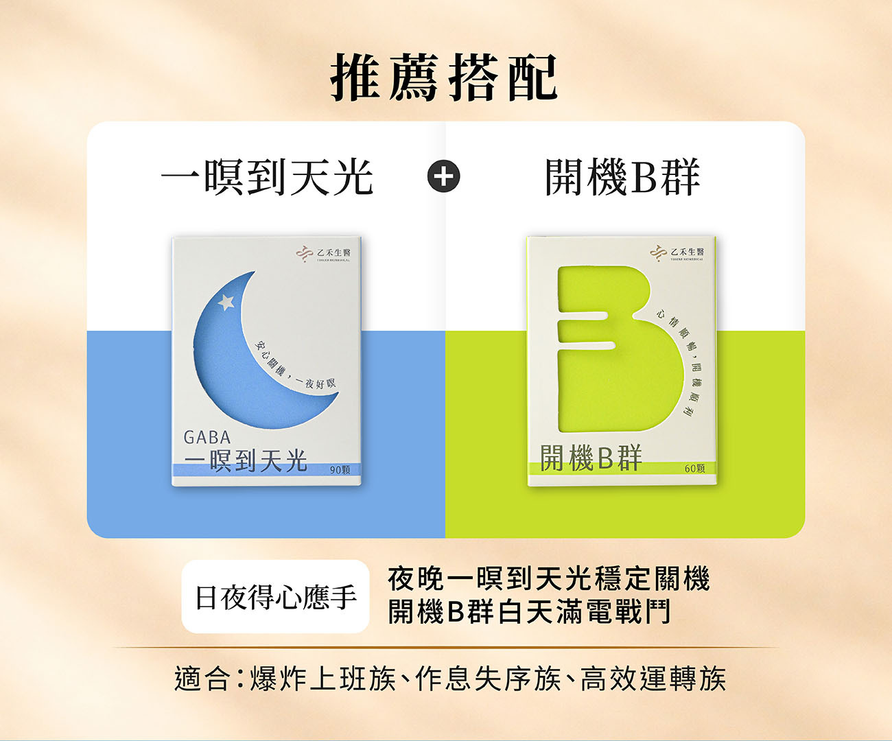乙禾生醫推薦的日夜保養組合:「一暝到天光」穩定關機助眠 + 「開機B群」白天滿電戰鬥,適合爆肝上班族。