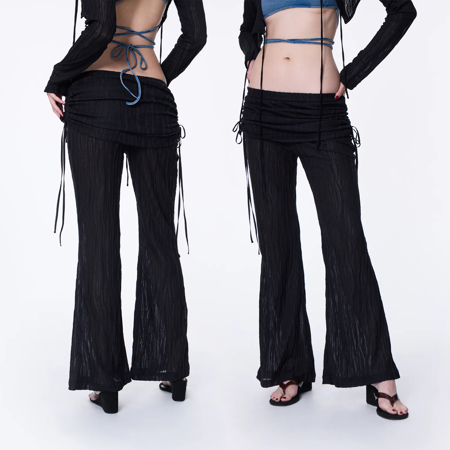 【車庫服飾】SILVER NINE Sheer Gathered Panel Flare Pants 透膚抽皺片裙喇叭褲 / FRAGMENTS-014