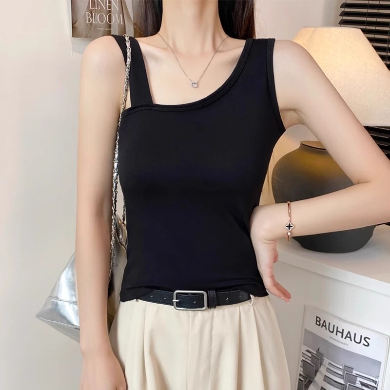 斜肩吊帶背心 不規則吊帶背心 吊帶背心 上衣 美背 背心 無袖上衣 背心女 小可愛 內搭背心 外穿背心 防走光上衣