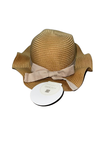 【Nishimatsuya】Kids Elegant Wavy Ruffle Brim Bow Straw Hat (Caramel Straw)