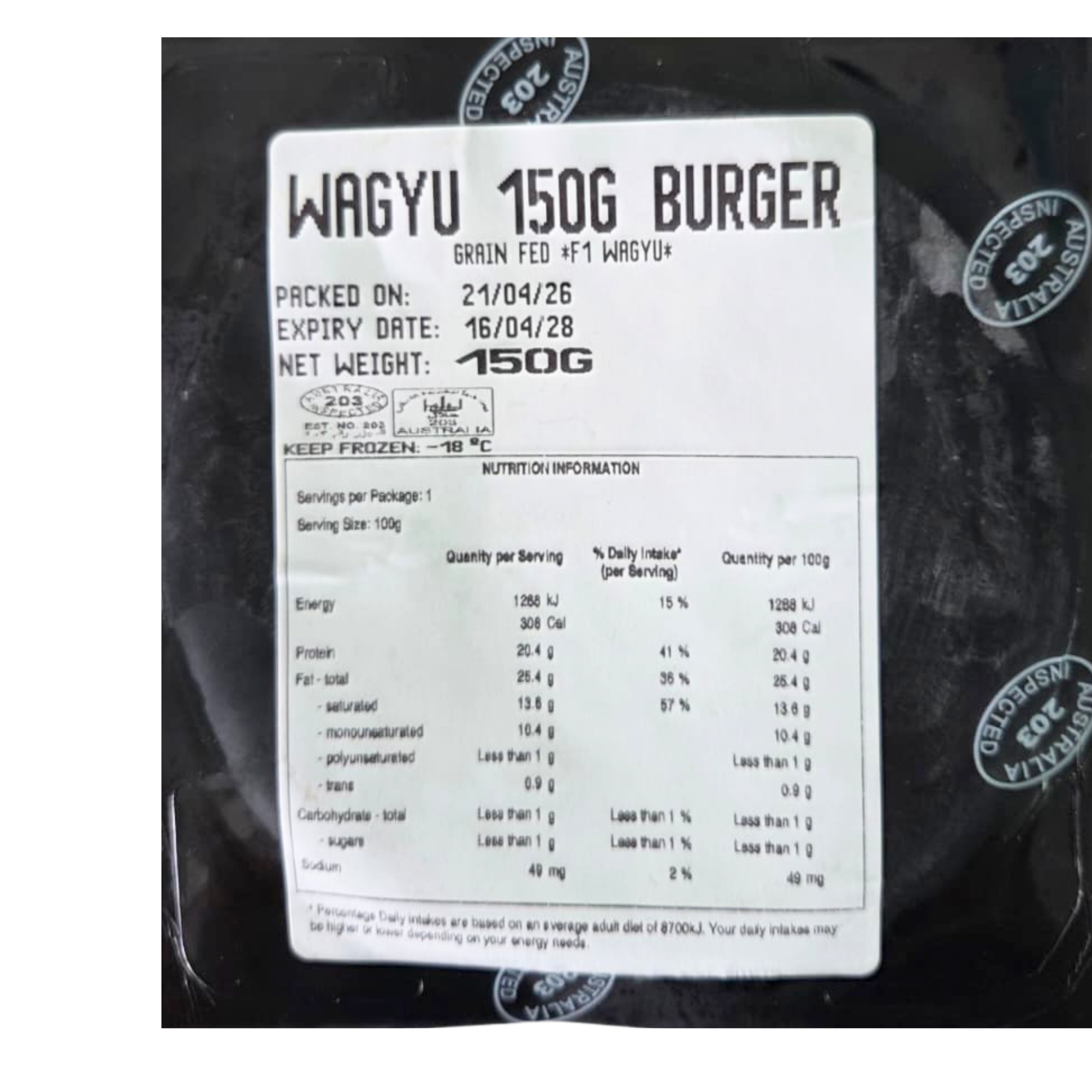 Australia Frozen Grain Fed Wagyu Beef Burger 150g /pc (-18°C)