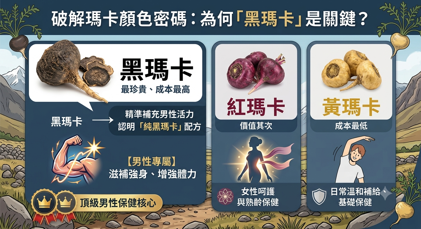 乙禾生醫男性保健食品圖表,解析黑瑪卡、紅瑪卡與黃瑪卡推薦區別。左側強調「黑瑪卡是什麼」:黑瑪卡最珍貴且成本最高,能精準補充男性活力、滋補強身、增強體力,是頂級男性保健核心,認明純黑瑪卡配方。中間為紅瑪卡,價值其次,適合女性呵護與熟齡保健。右側為黃瑪卡,成本最低,適合日常溫和補給與基礎保健。