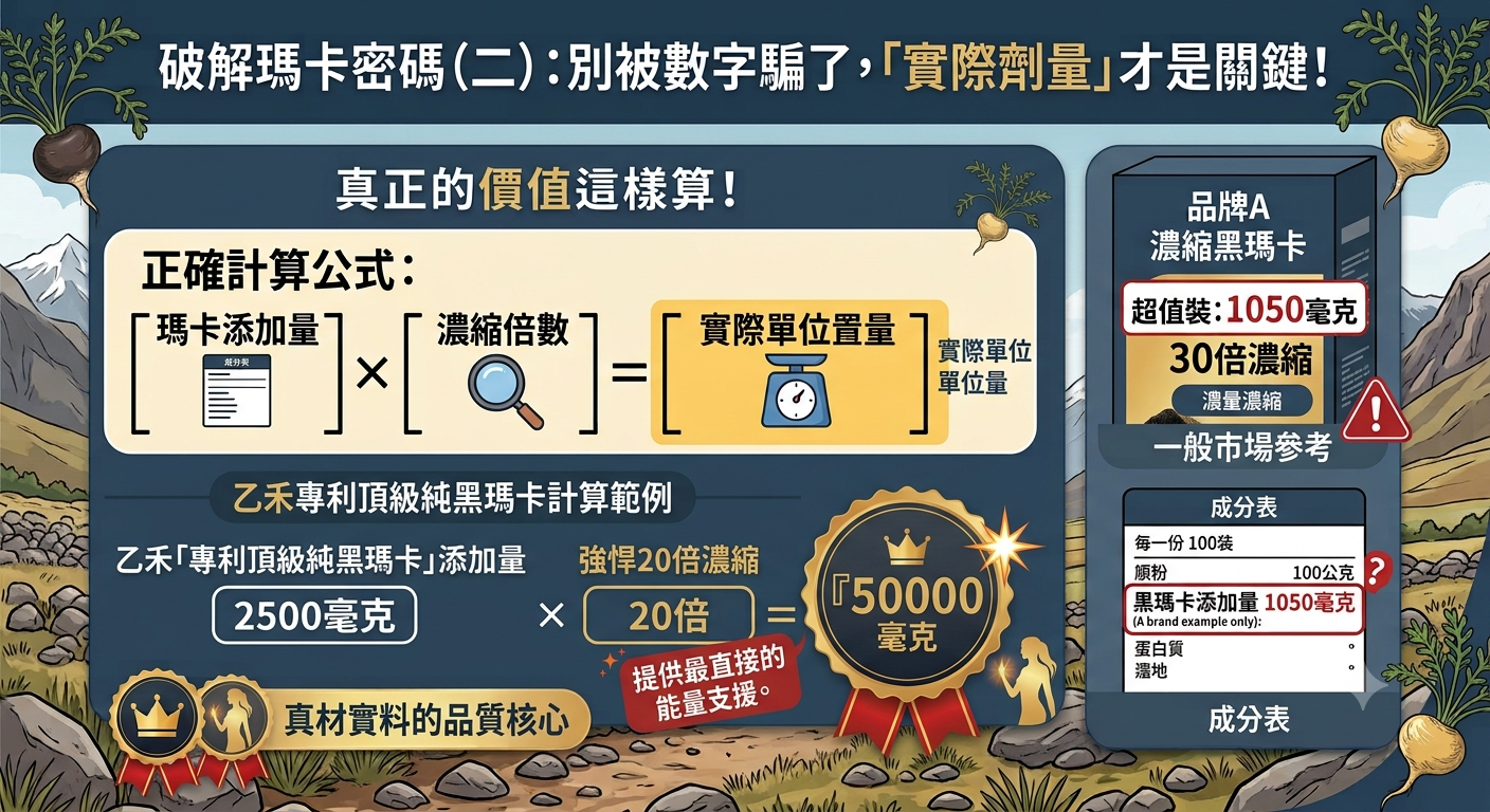 乙禾生醫瑪卡推薦圖表,說明如何計算黑瑪卡是什麼與真實價值。正確計算公式為「瑪卡添加量」乘以「濃縮倍數」等於「實際單位置量」。下方舉例乙禾專利頂級純黑瑪卡計算範例:添加量 2500 毫克搭配強悍 20 倍濃縮,等於 50000 毫克,提供真材實料的能量支援。右側對比一般市場參考品牌A,僅標示黑瑪卡添加量1050毫克與30倍濃縮,成分表標示不清,提醒消費者別被數字騙了,實際劑量才是關鍵。
