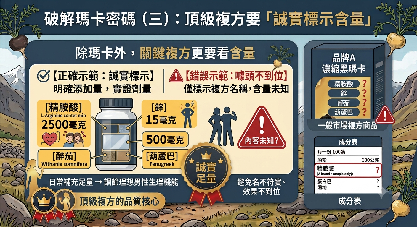 乙禾生醫男性保健食品選購指南,說明除黑瑪卡外,關鍵頂級複方更要看含量。左側為正確示範誠實標示:明確列出精胺酸 2500 毫克、鋅(酵母鋅) 15 毫克、醉茄 500 毫克、葫蘆巴等實證劑量,日常補充足量可調節理想男性生理機能。右側對比一般市場複方商品錯誤示範:僅標示精胺酸、鋅、醉茄、葫蘆巴等名稱,但內容未知、噱頭不到位且名不符實,強調購買瑪卡推薦認明誠實足量。