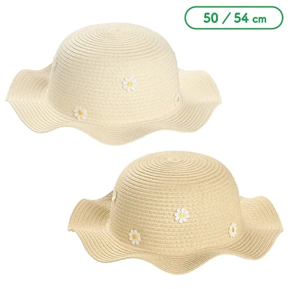 【Nishimatsuya】Paper Wavy Brim Straw Hat with Flower Motif (Beige/Brown)