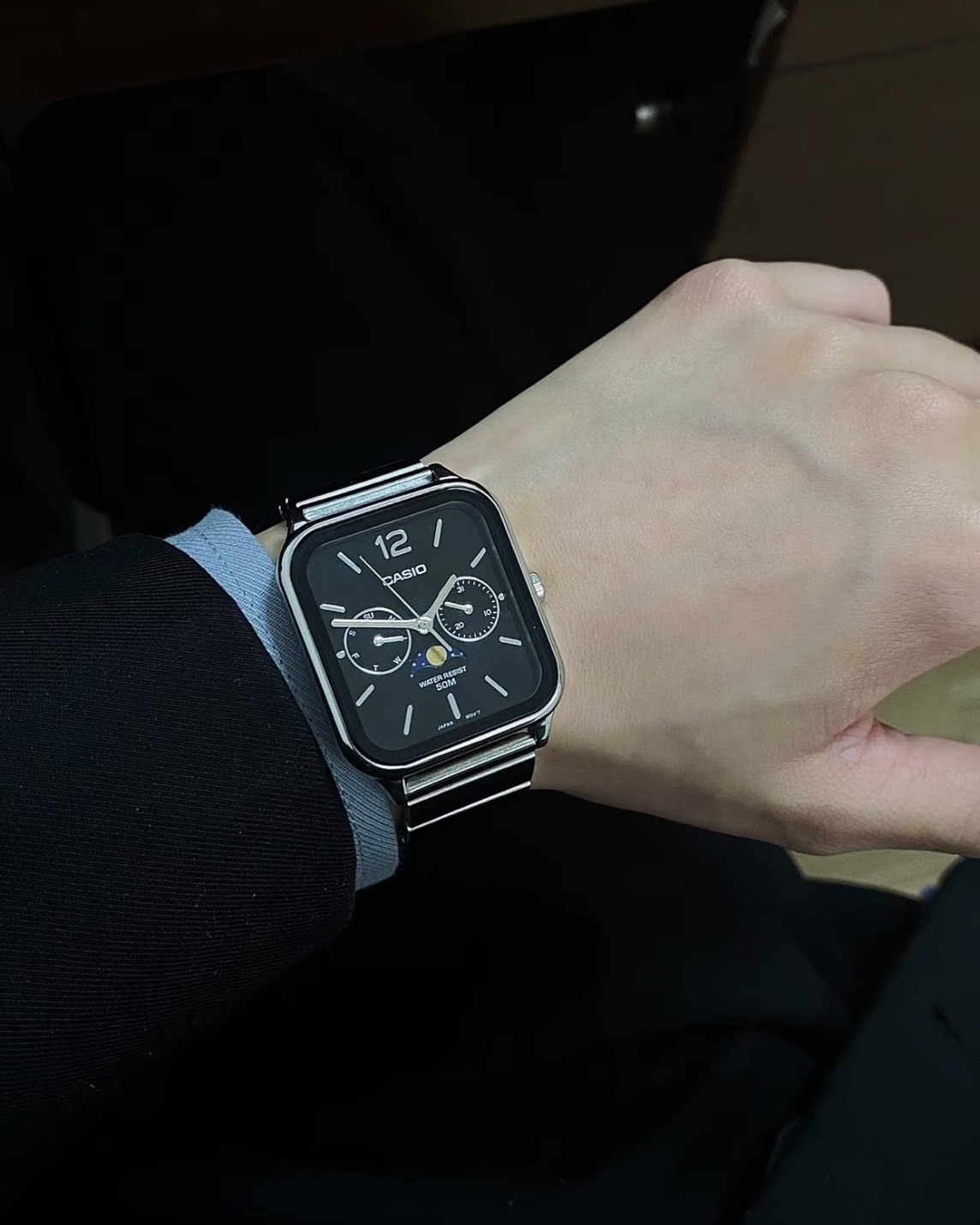 <情侶錶>Casio Standard 指針 月相 MTP 系列 方型 石英機芯 防水 不銹鋼錶帶 手錶 2色
