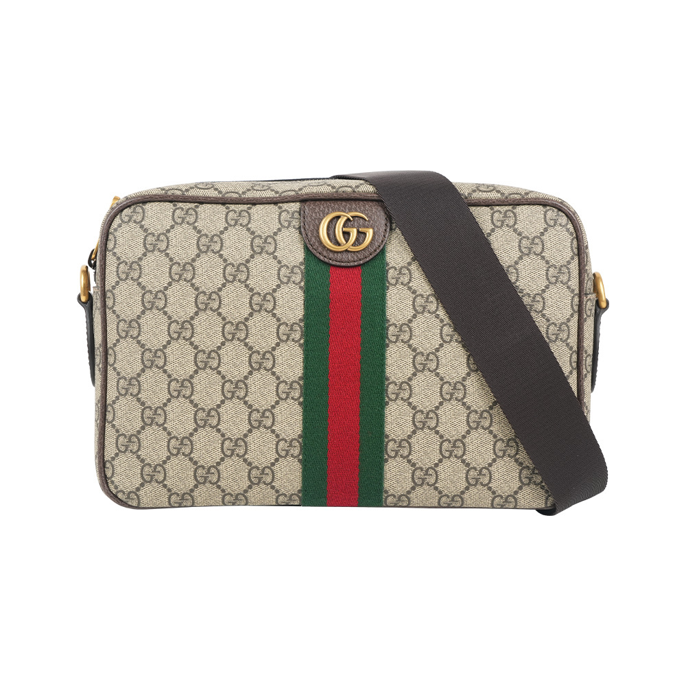 【GUCCI】Ophidia 綠紅織帶中型拉鍊斜背包(米色/烏木色)
