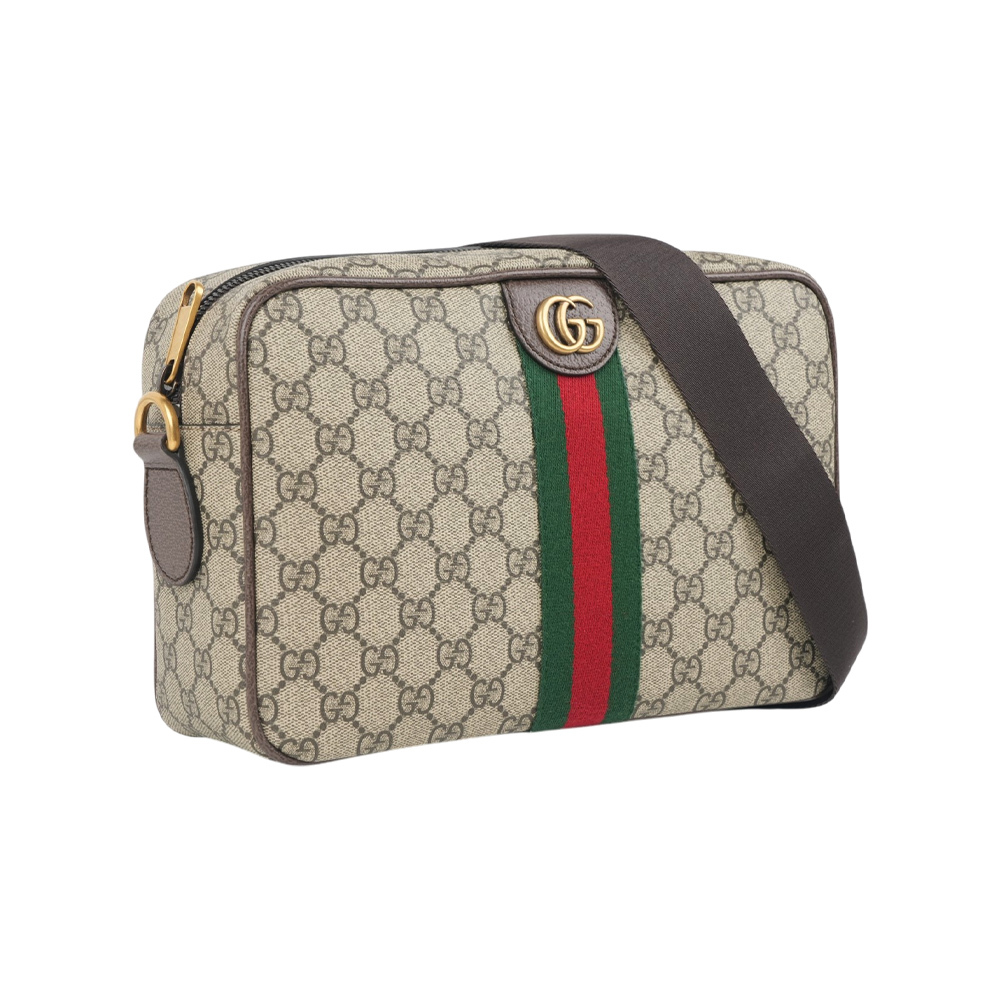 【GUCCI】Ophidia 綠紅織帶中型拉鍊斜背包(米色/烏木色)