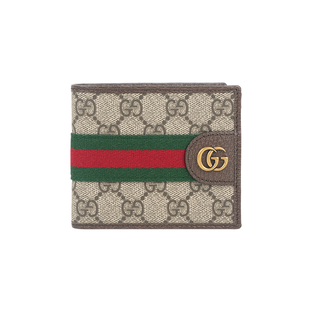【GUCCI】Ophidia 綠紅織帶對開8卡短夾(烏木色/深棕色)