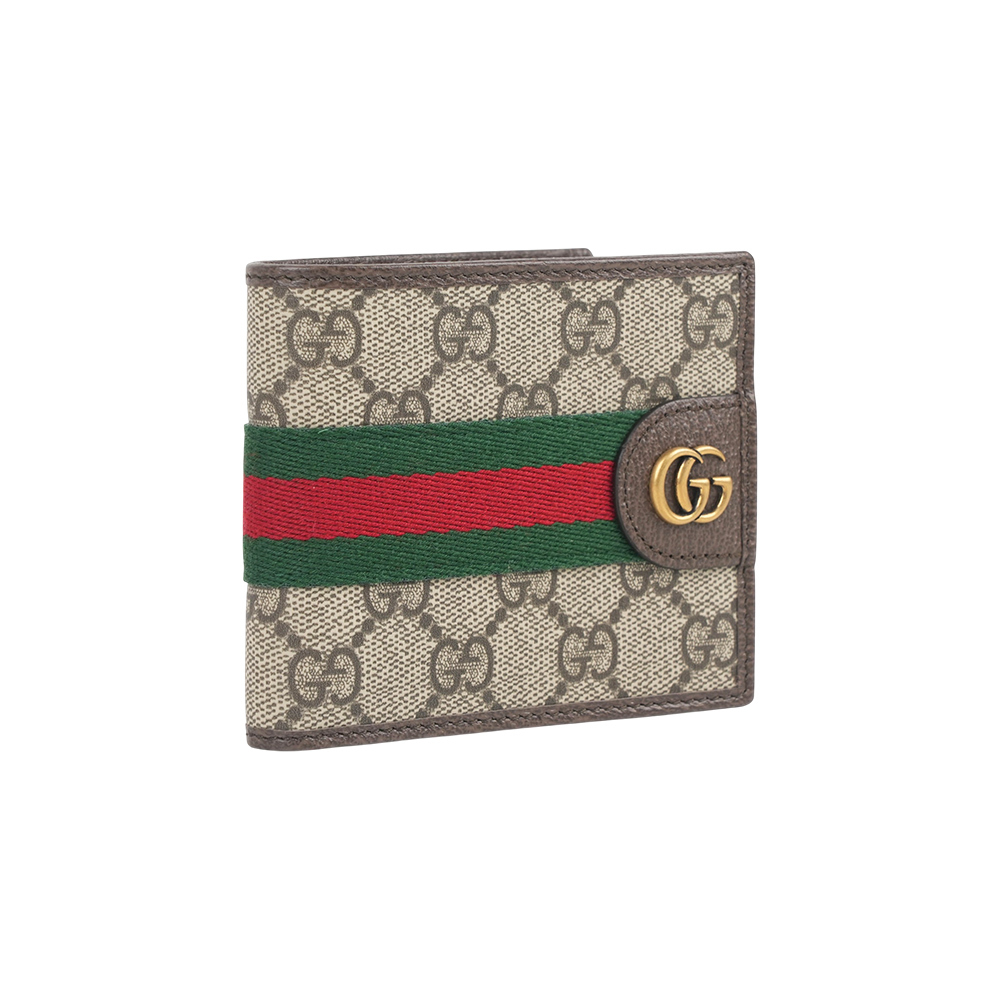 【GUCCI】Ophidia 綠紅織帶對開8卡短夾(烏木色/深棕色)