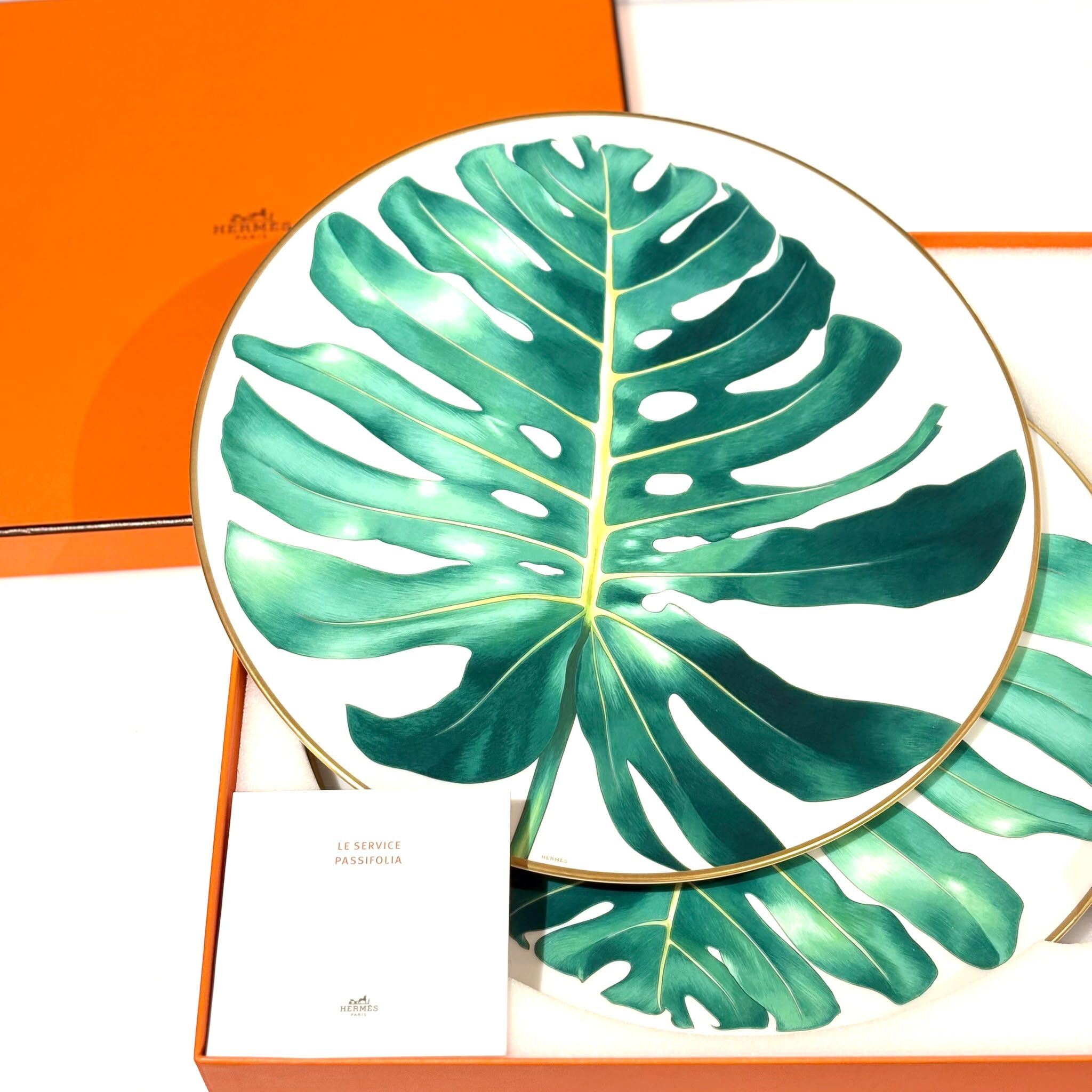 全新HERMES Passifolia Dinner Plate n°1  托盤/蔬果盤 一盒2個 27cm 陶瓷 綠色龜背芋葉片圖案  #BRAND NEW #香榭站正品