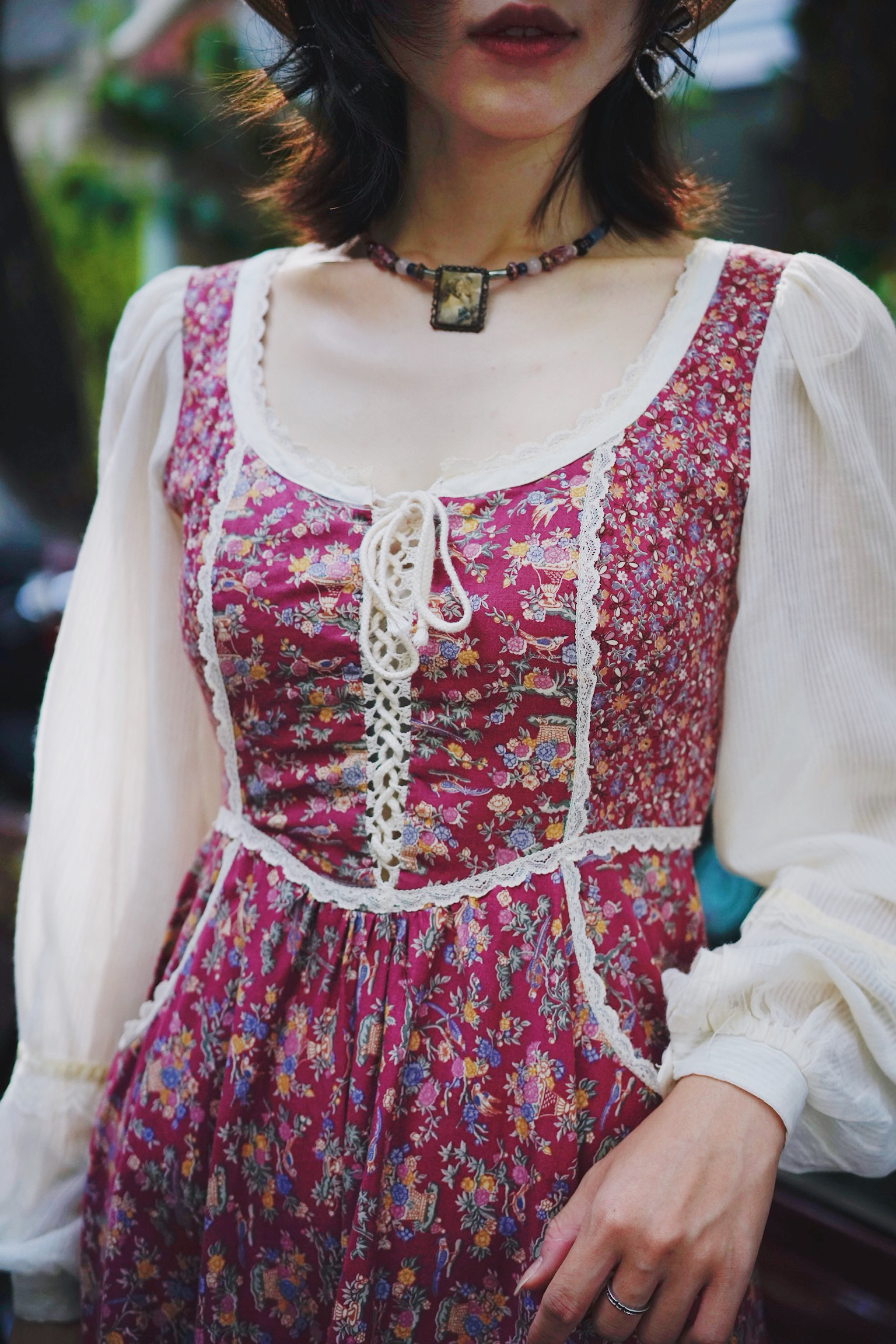 1970s Gunne Sax Praire Dress / 70 年代 改標 Gunne Sax 莓果粉蜂鳥草原風高腰長洋裝