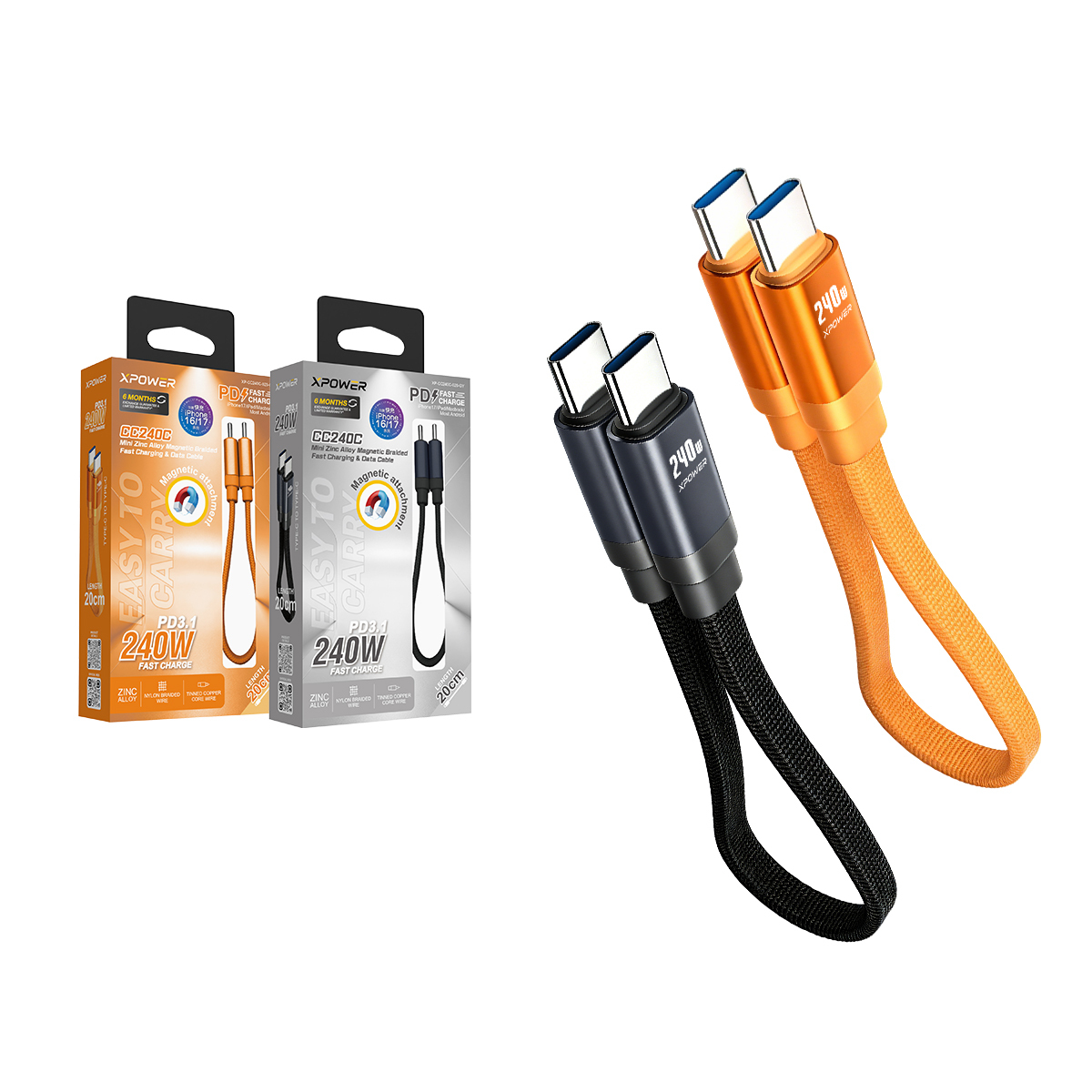 XPower 迷你鋅合金磁吸 CC240C 240W  PD3.1編織高速傳輸充電線