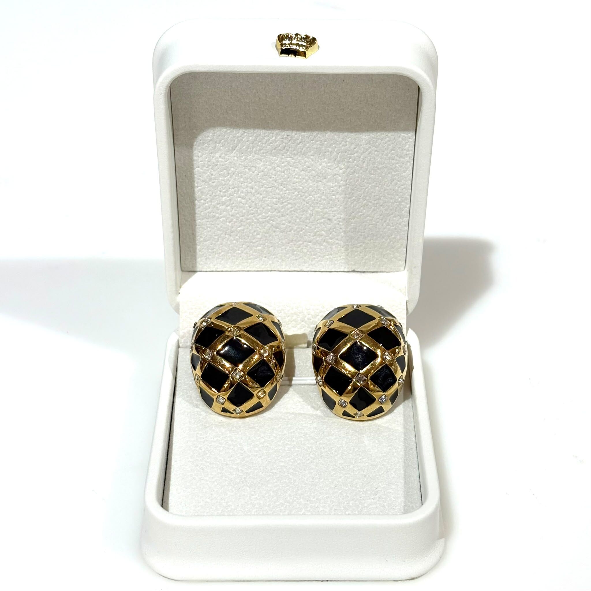 98%NEW二手St. John 耳夾/耳環 (2.5 x 3.5cm) 黑色琺瑯金色網格, VINTAGE EARRINGS #香榭站正品