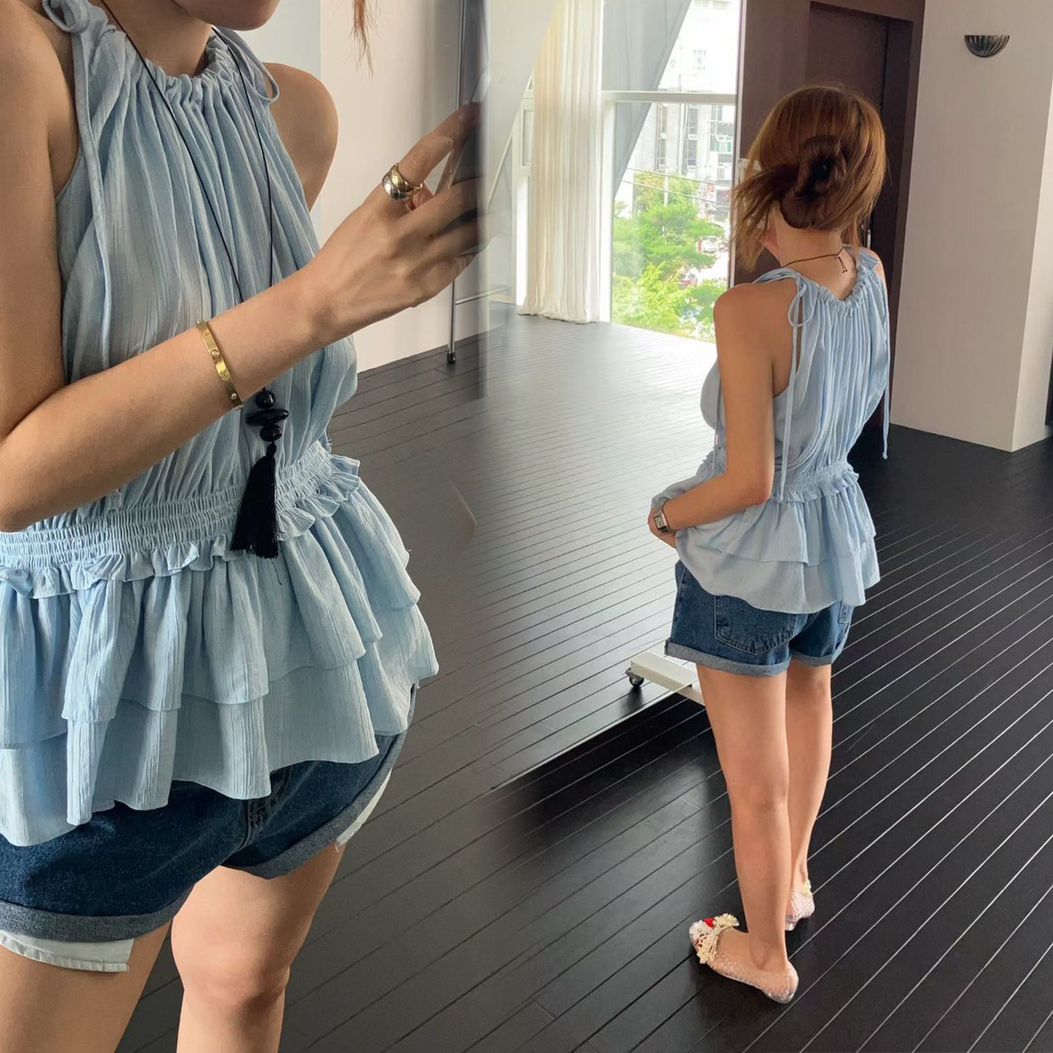 抽繩綁帶削肩收腰造型女神背心上衣 / 2色
