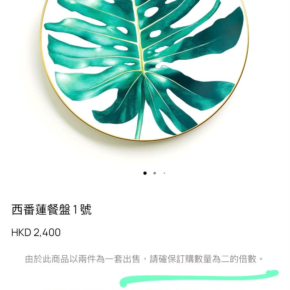 全新HERMES Passifolia Dinner Plate n°1  托盤/蔬果盤 一盒2個 27cm 陶瓷 綠色龜背芋葉片圖案  #BRAND NEW #香榭站正品