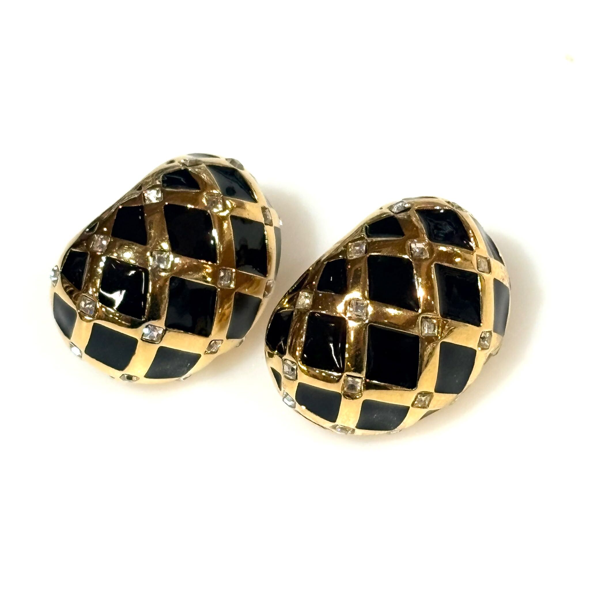 98%NEW二手St. John 耳夾/耳環 (2.5 x 3.5cm) 黑色琺瑯金色網格, VINTAGE EARRINGS #香榭站正品