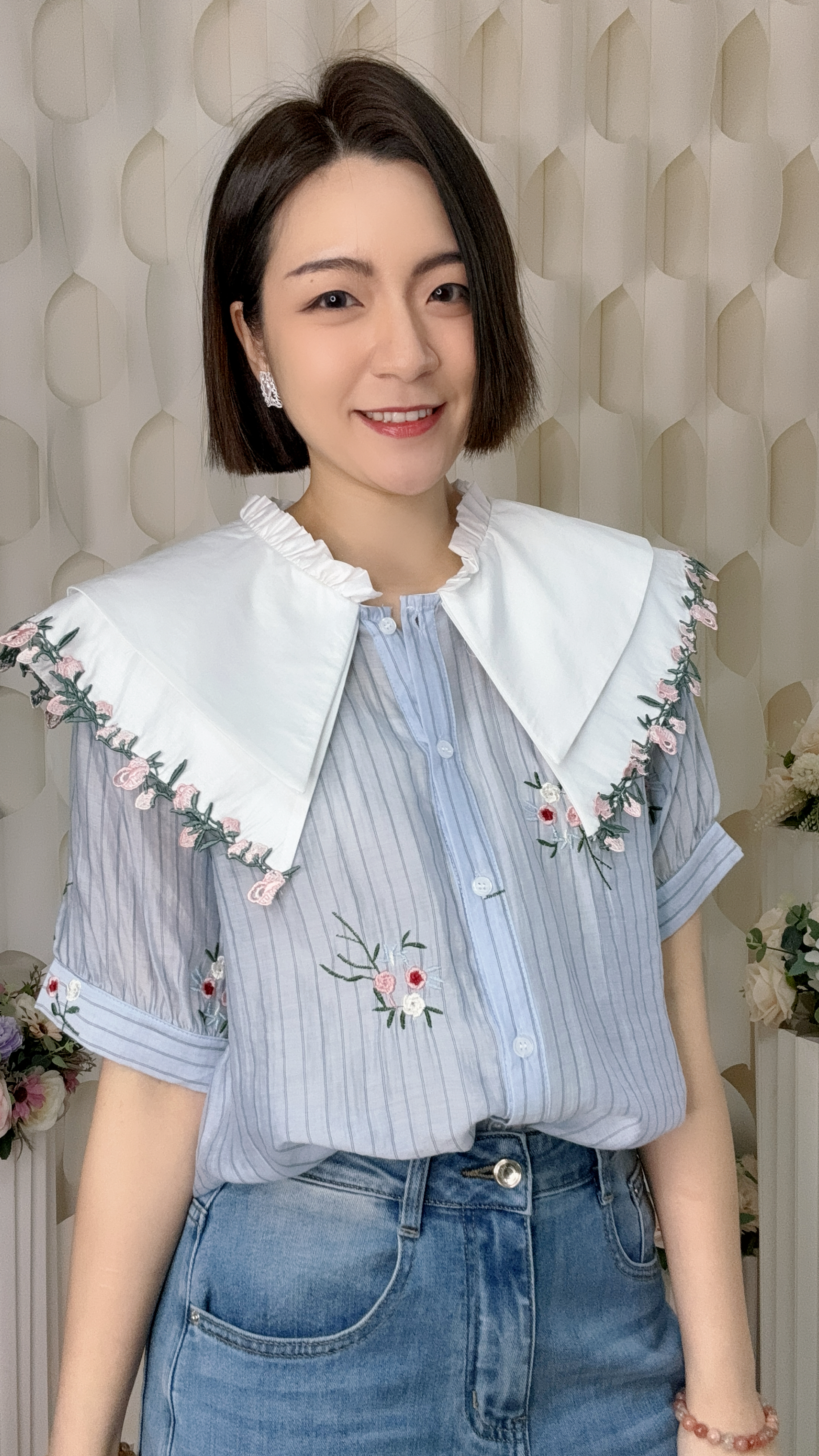 刺繡花花大翻領雪紡上衣(胸44 腰46 長23吋) 57890 #1007clo