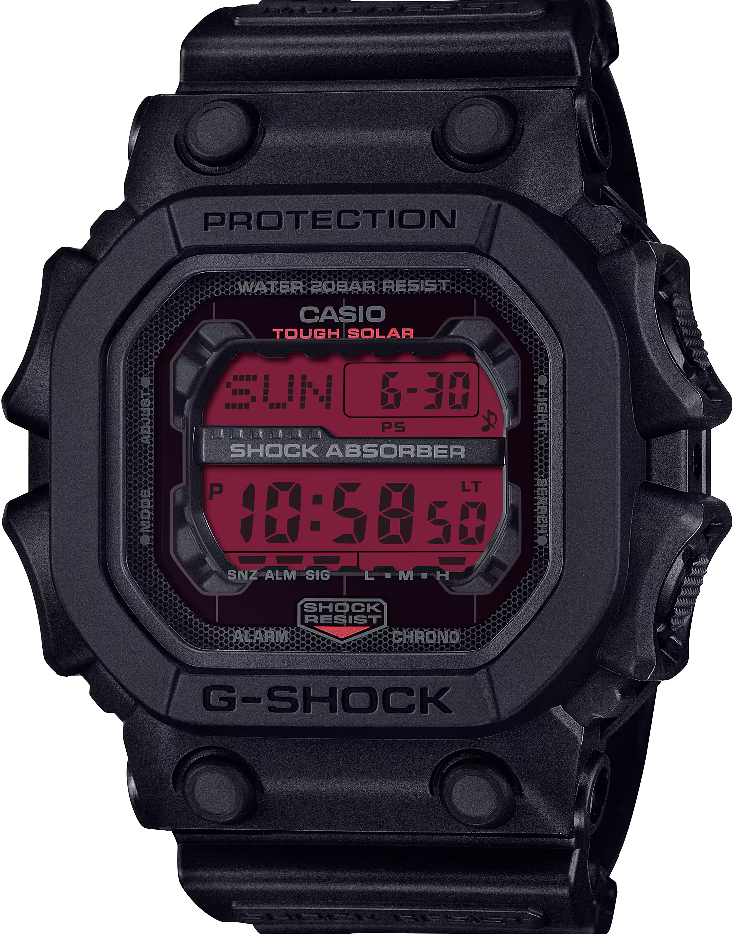 萬年鐘錶 - G-SHOCK  黑紅配色大錶徑太陽能防震電子錶 GX-56BBR-1  錶徑 : 53.6mm