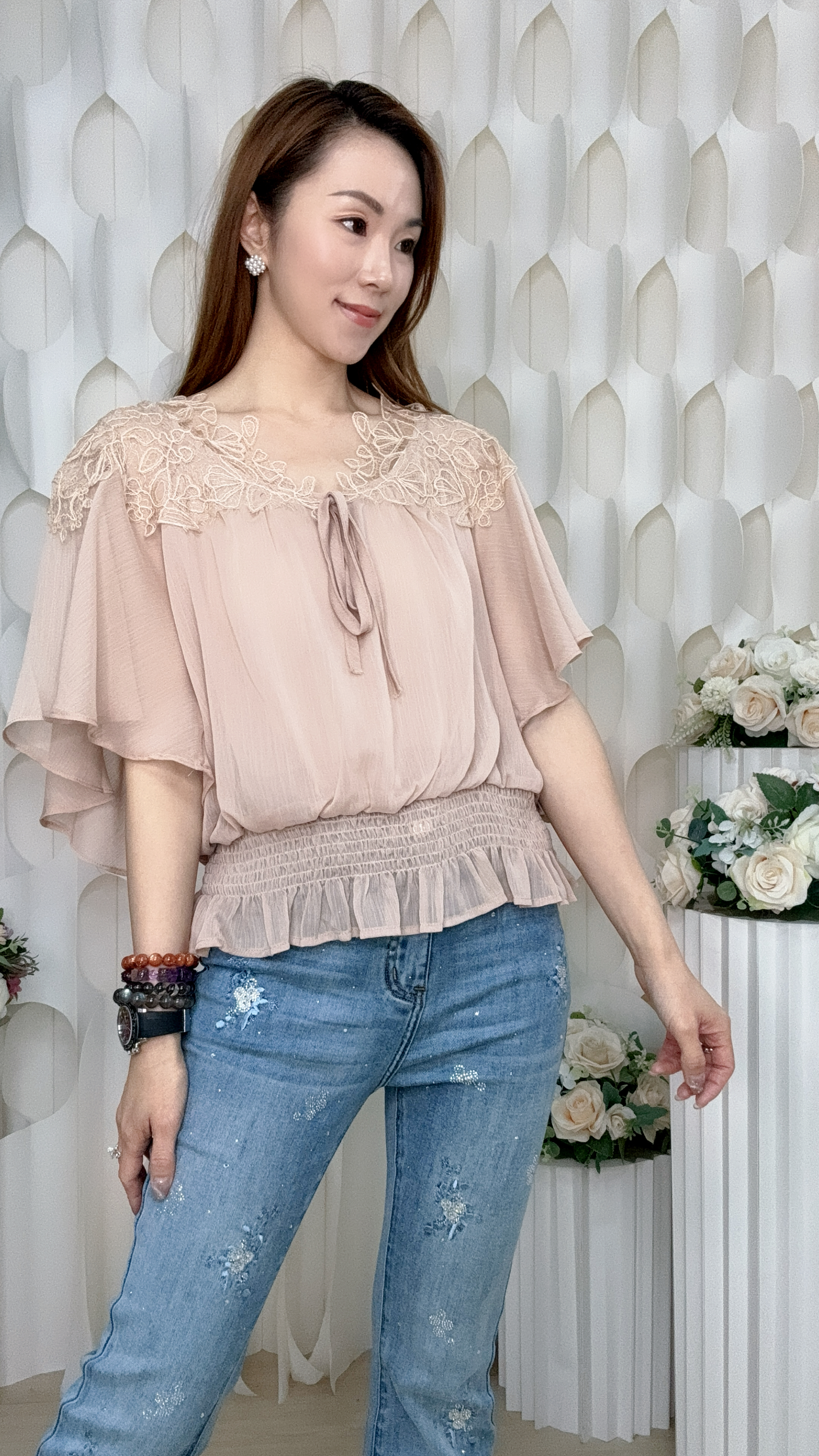 35%真絲蕾絲刺繡綁帶橡筋腰雪紡上衣(胸44 腰28-48 長22吋) 8892 #1007clo