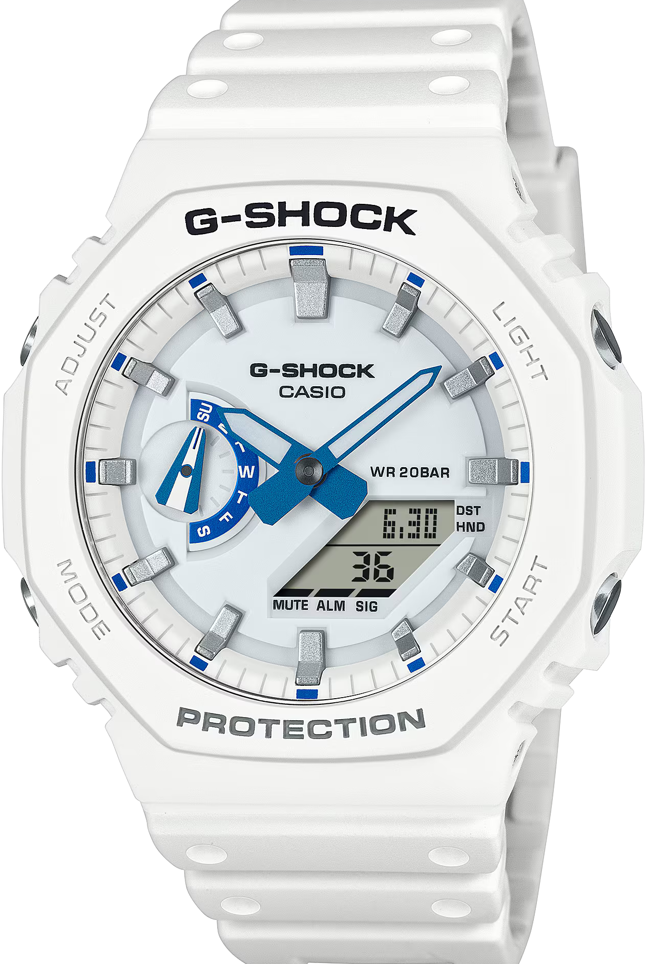 萬年鐘錶 - G-SHOCK  八角錶殼系列夏日海洋藍白搭配電子錶 GA-2100HDS-7A  錶徑 : 45.4mm