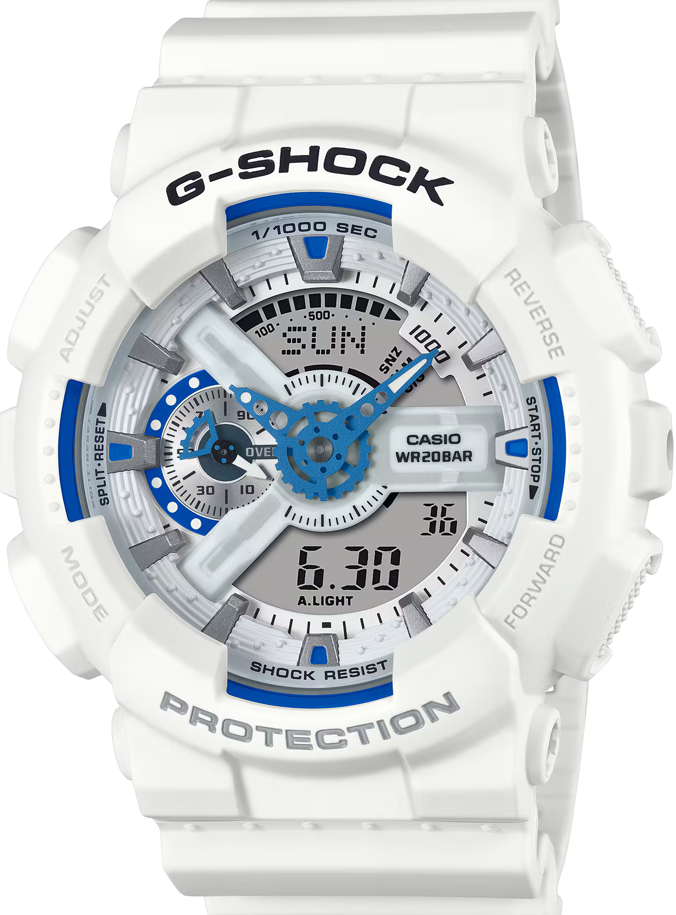 萬年鐘錶 - G-SHOCK  藍白搭配夏日海洋防震雙顯電子錶 GA-110HDS-7A 錶徑 : 51.2 MM