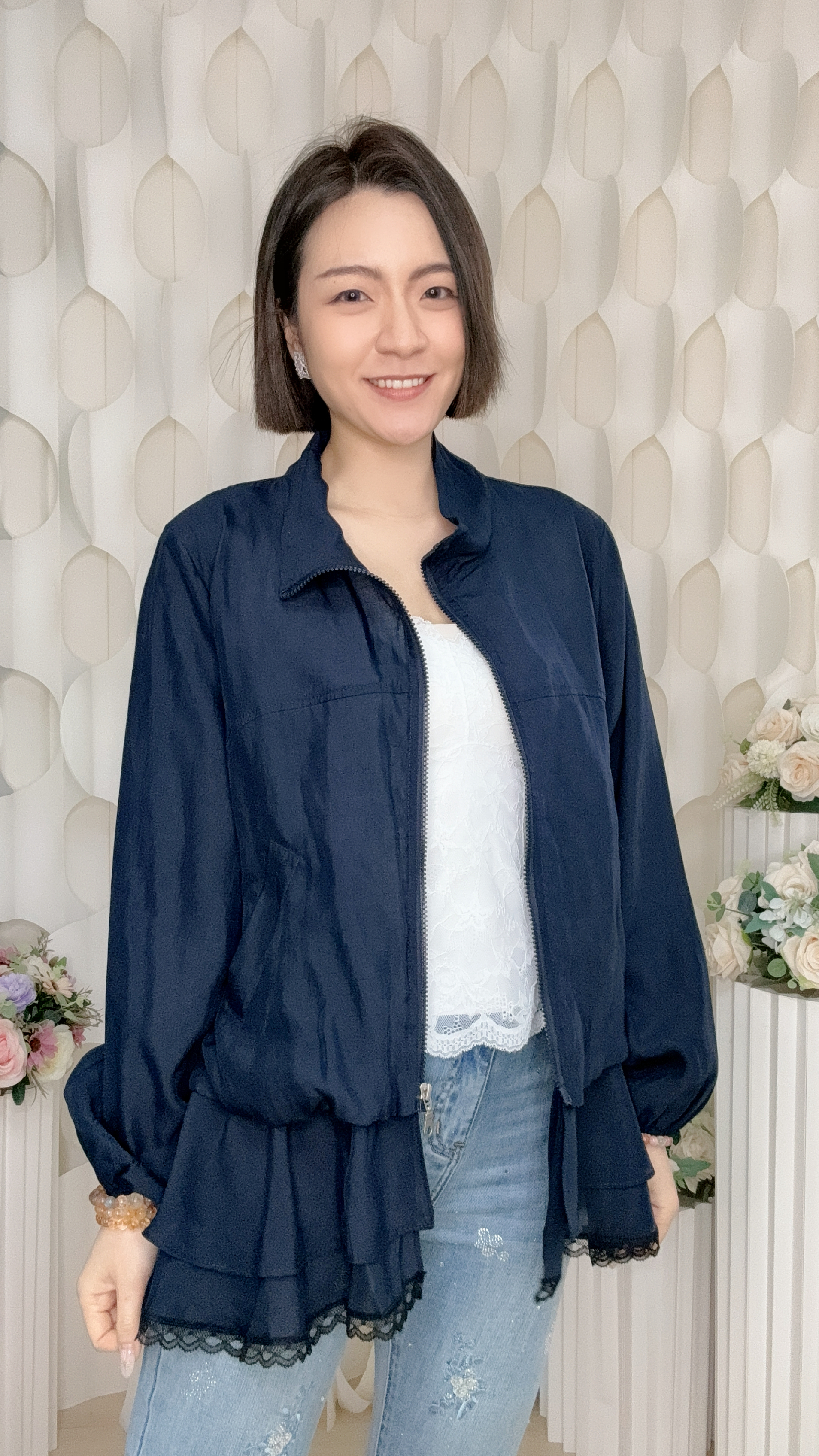 立領拉鏈RUFFLE波浪邊雪紡上衣外套(胸44 腰46 長30吋) 37264 #1007clo